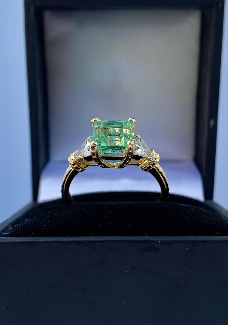 Emerald Cut 1.95 Carat Colombian Emerald and Diamond 18 Karat Gold Engagement Ring