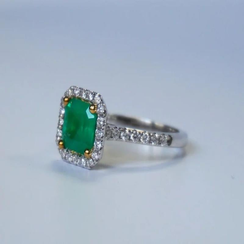 Emerald Weight: 1.95 ct, Measurements 7.5 x 7.5 mm, Diamond Weight: 0.48 ct (34 pcs), Metal: 18K White Gold (yellow gold prongs), Gold Weight: 4.75 gm, Ring Size: 6.5, Shape: Square, Color: Intense Green, Hardness: 7.5-8, Birthstone: May