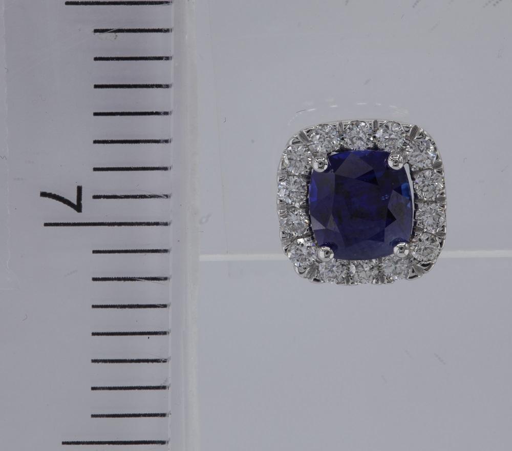 Contemporary 1.95 Carat Cushion Cut Blue Sapphire and 0.52 Carat Diamond Halo Earring ref2071 For Sale