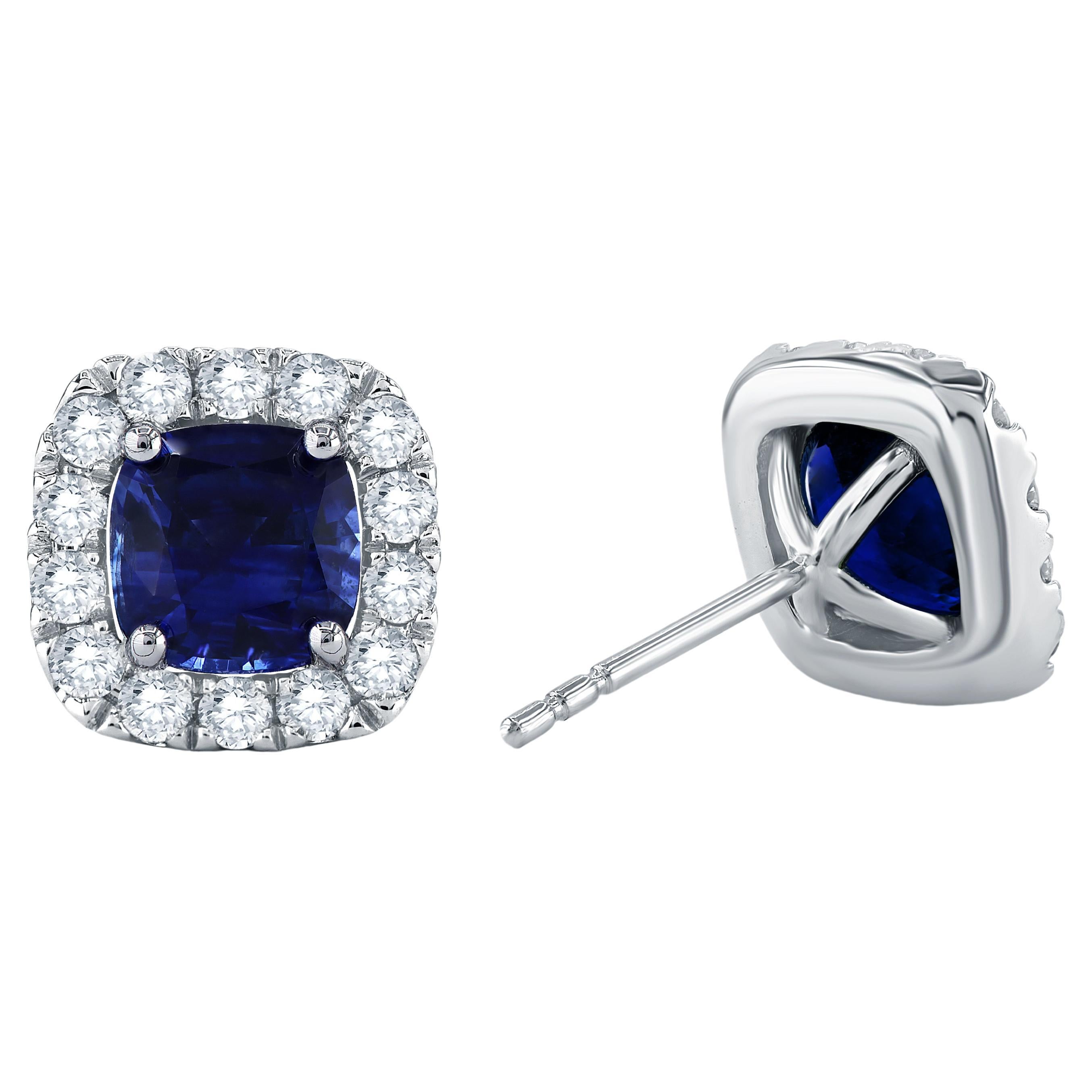 1.95 Carat Cushion Cut Blue Sapphire and 0.52 Carat Diamond Halo Earring ref2071 For Sale