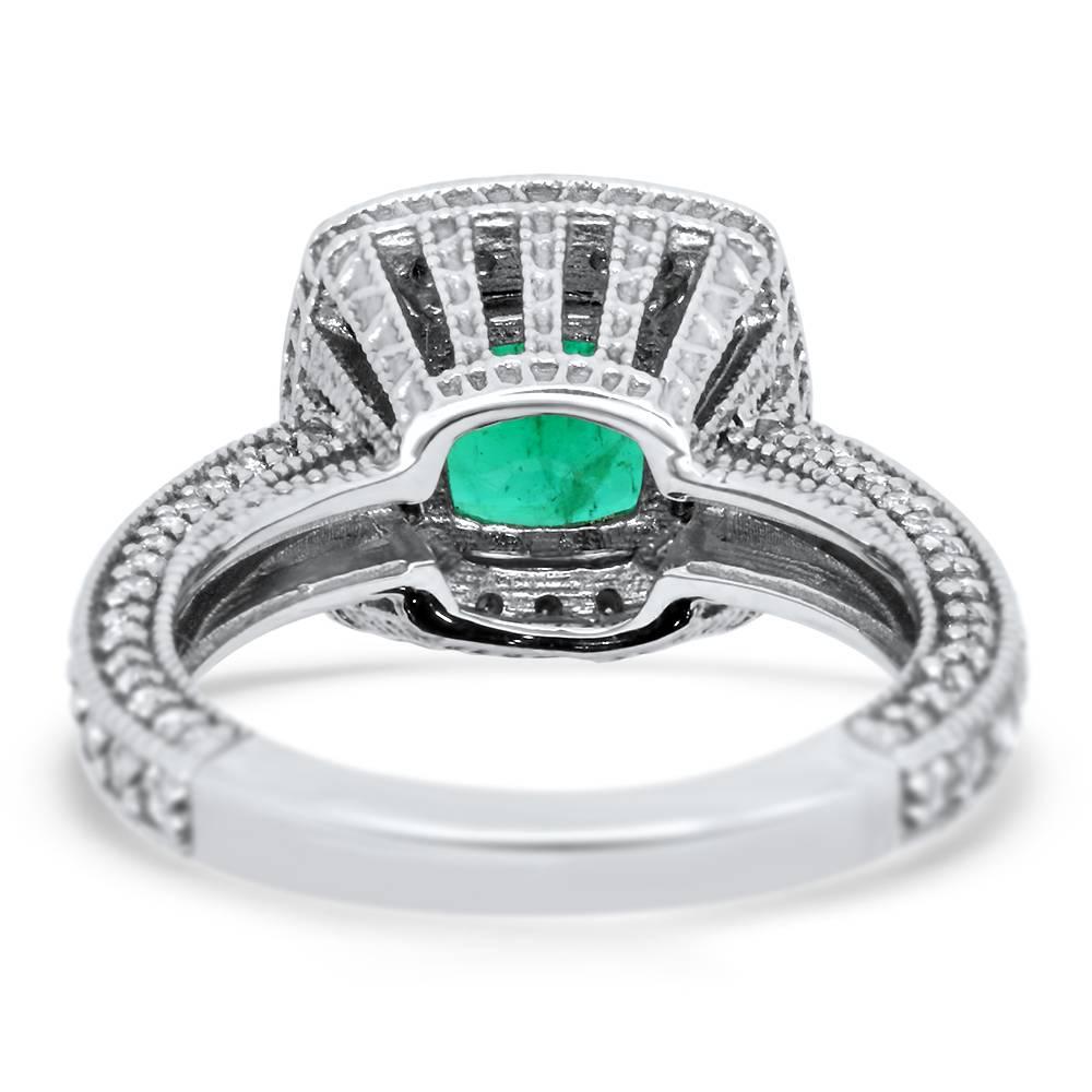 Contemporary Cushion Cut Natural Emerald and White Diamond Square Halo Ring 14K White Gold