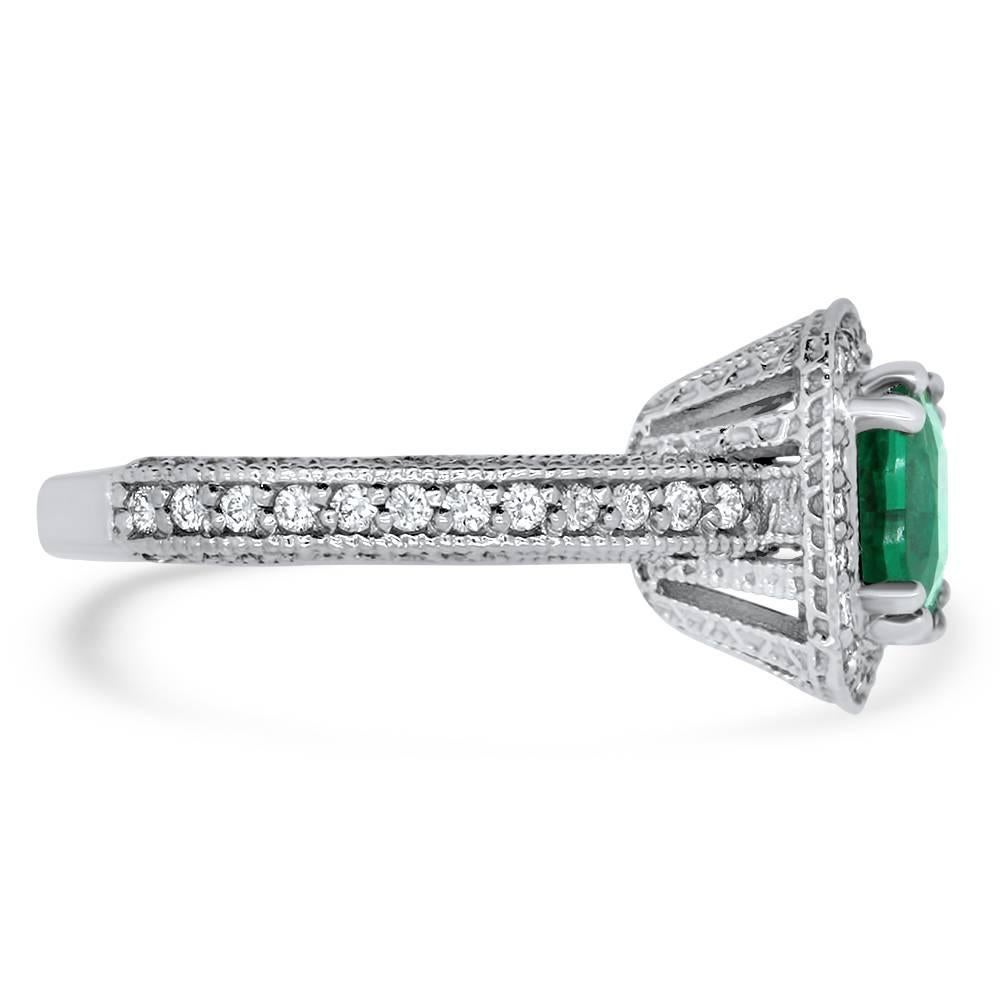 Cushion Cut Natural Emerald and White Diamond Square Halo Ring 14K White Gold In New Condition In GREAT NECK, NY