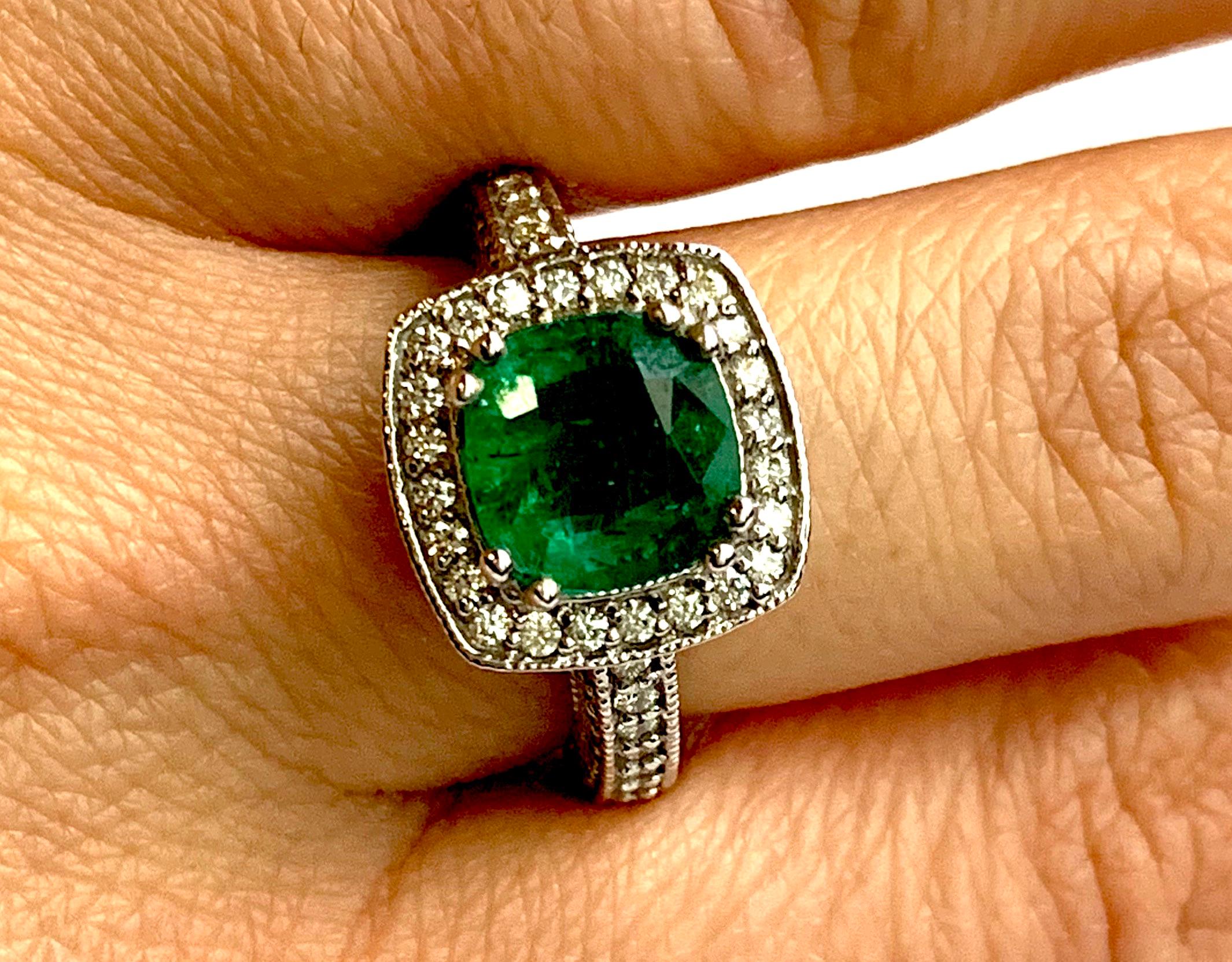 Women's or Men's Cushion Cut Natural Emerald and White Diamond Square Halo Ring 14K White Gold