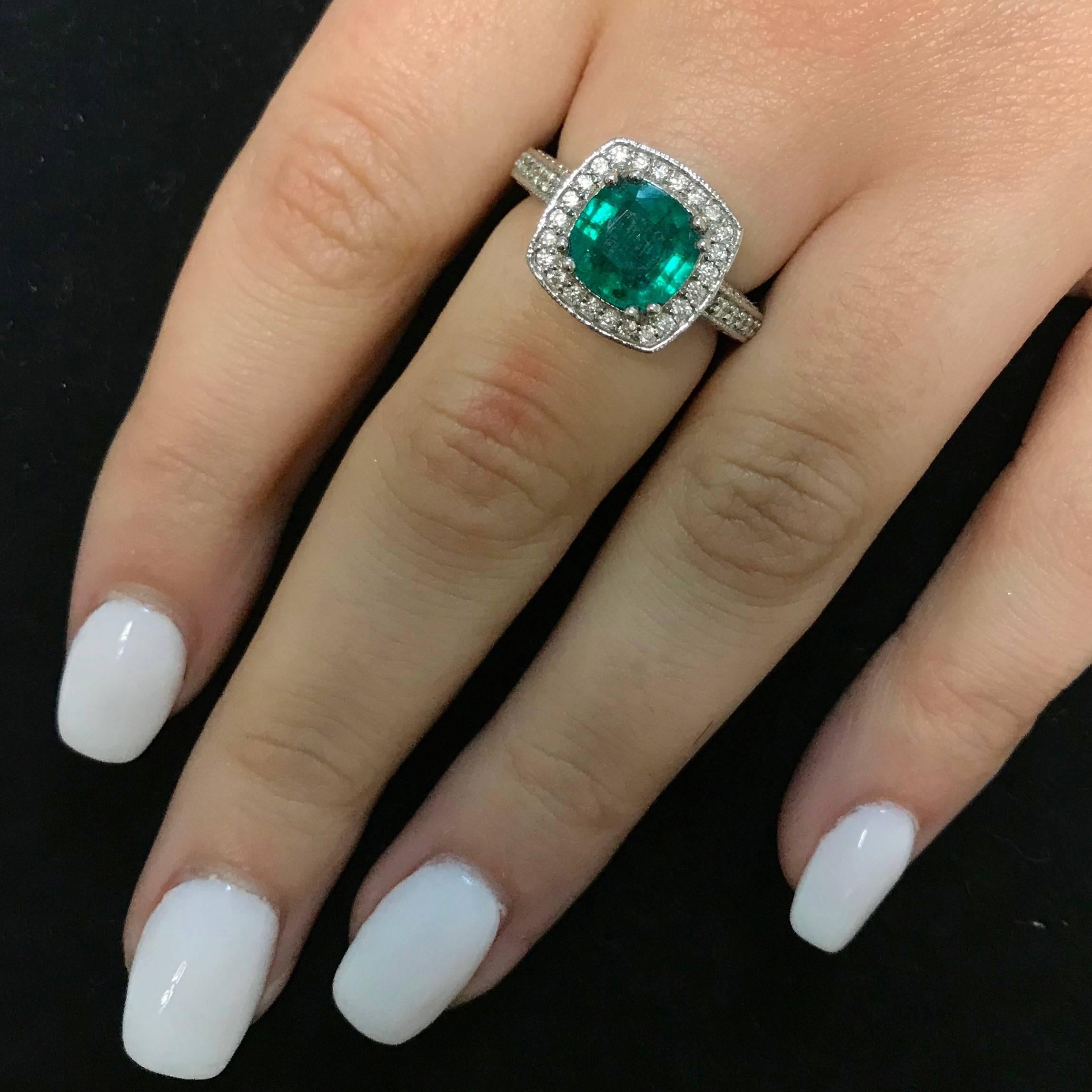 Cushion Cut Natural Emerald and White Diamond Square Halo Ring 14K White Gold 4