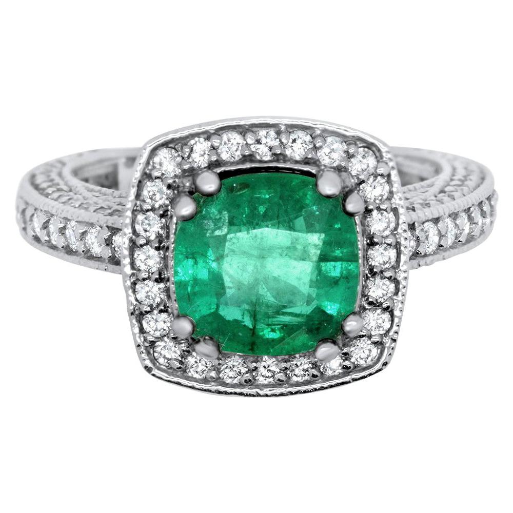 Cushion Cut Natural Emerald and White Diamond Square Halo Ring 14K White Gold