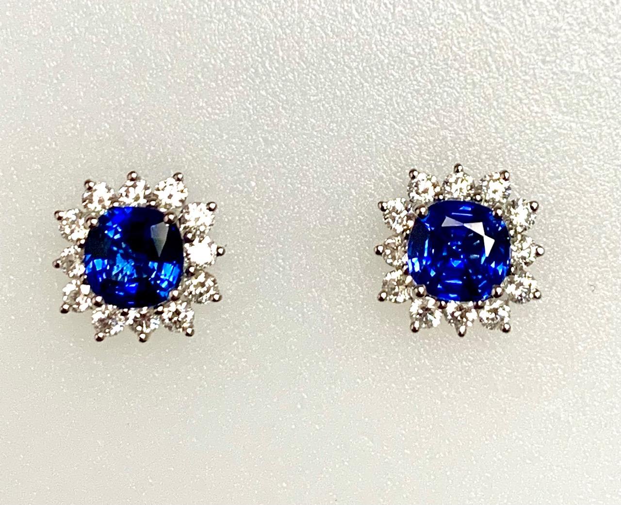 Modern 1.95 Carat Cushion Sapphire Diamond Earrings