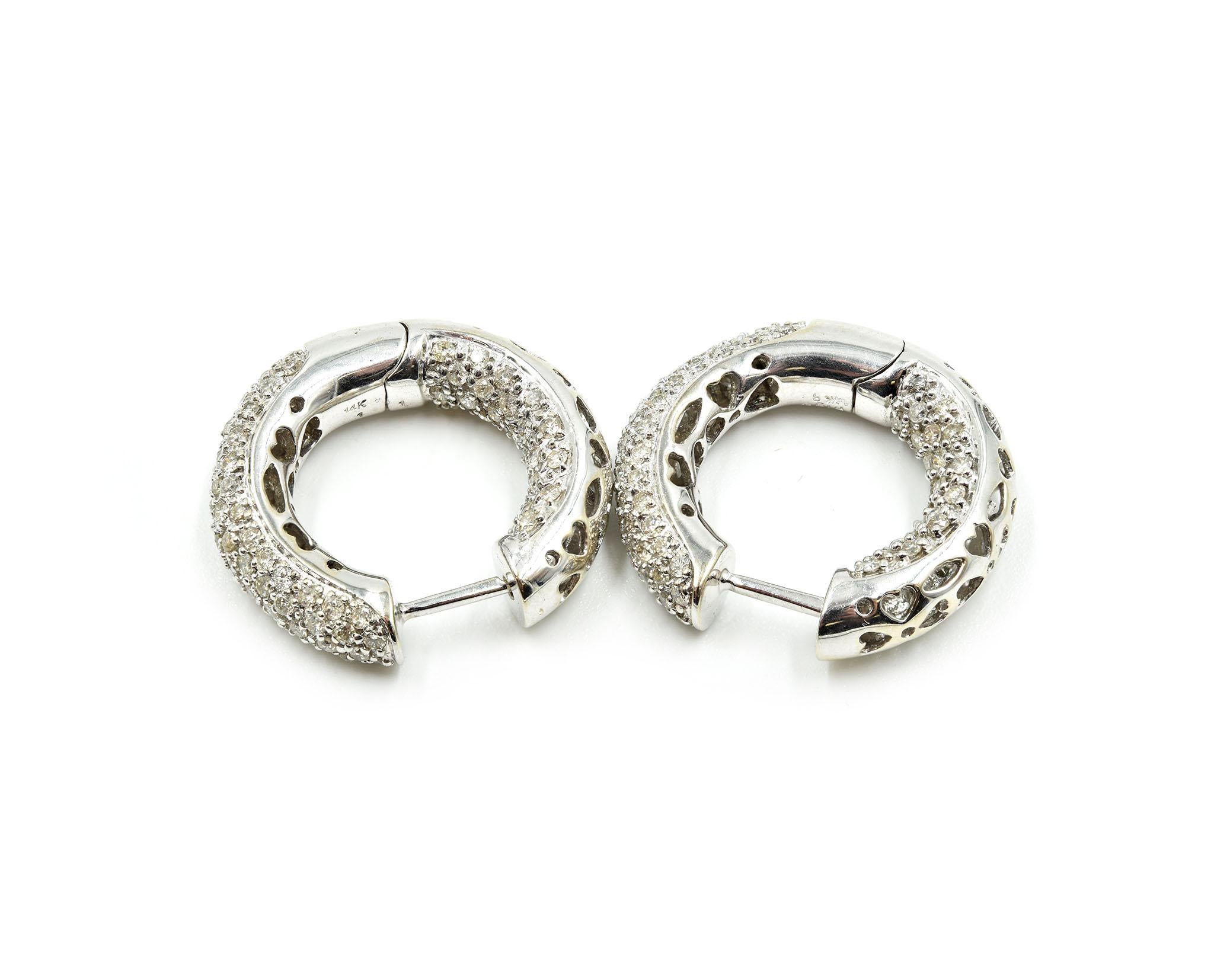 Round Cut 1.95 Carat Diamond Huggie Style Earrings 14 Karat White Gold