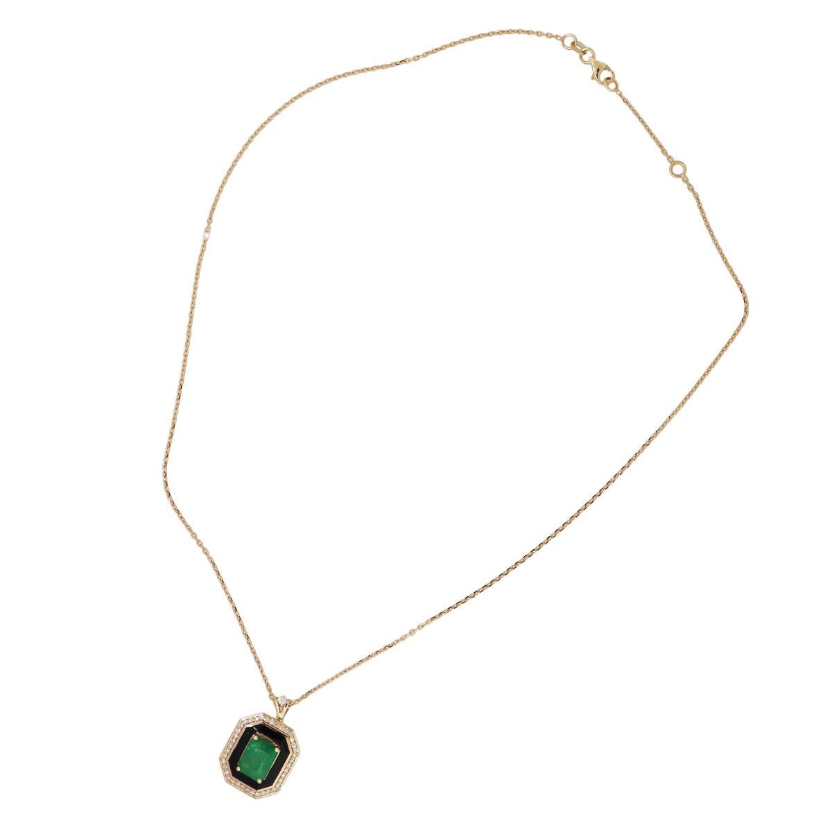 Round Cut 1.95 Carat Emerald and Diamond Black Enamel Pendant Necklace