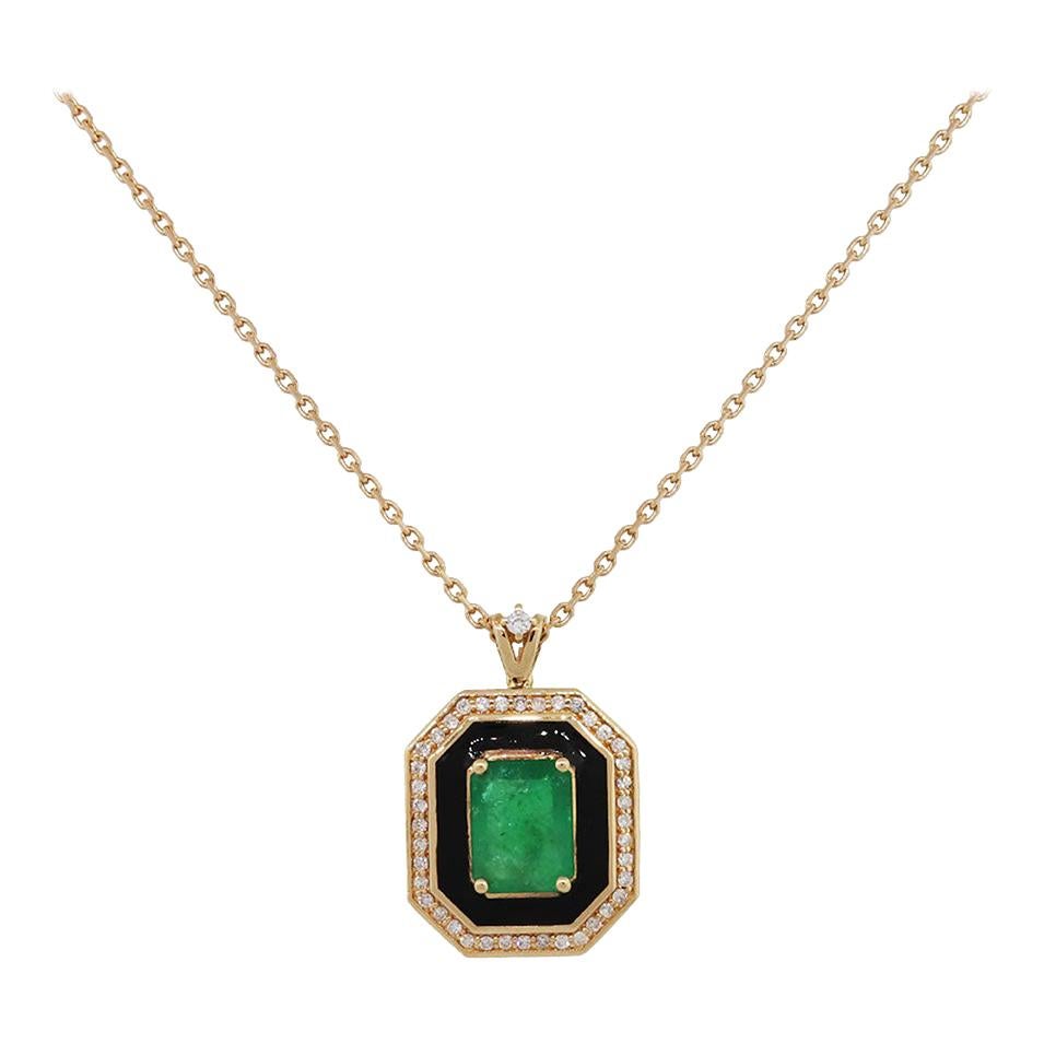 1.95 Carat Emerald and Diamond Black Enamel Pendant Necklace