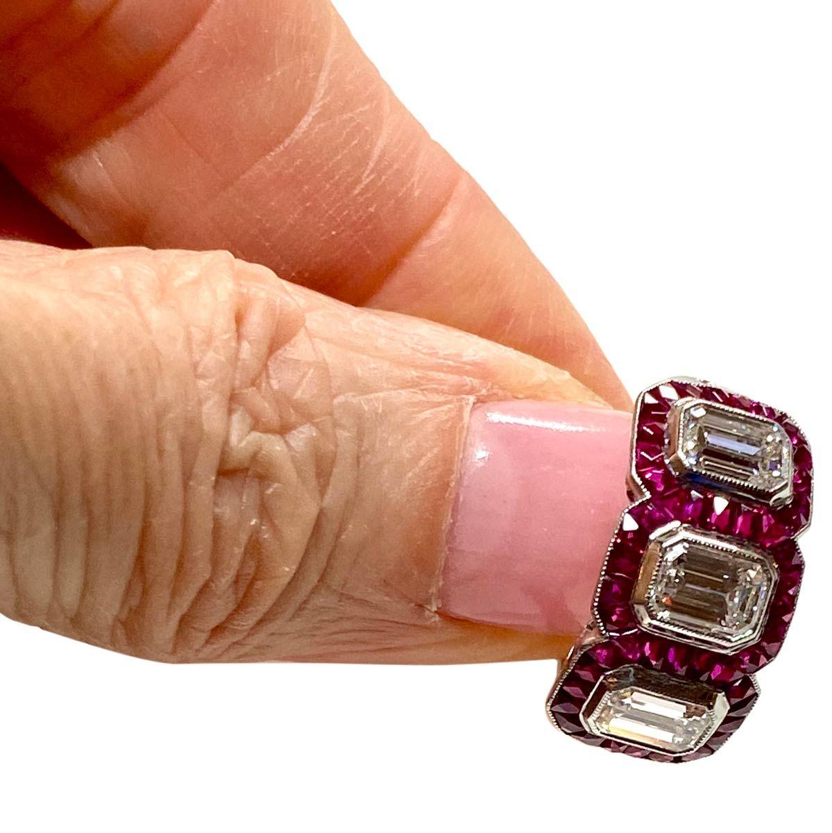 1.95 Carat Emerald Cut Diamond and Ruby Platinum Engagement Ring 4