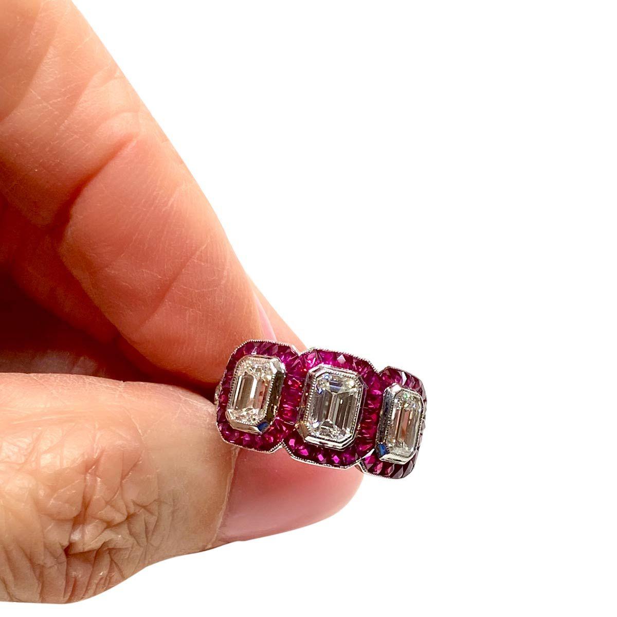 1.95 Carat Emerald Cut Diamond and Ruby Platinum Engagement Ring 5