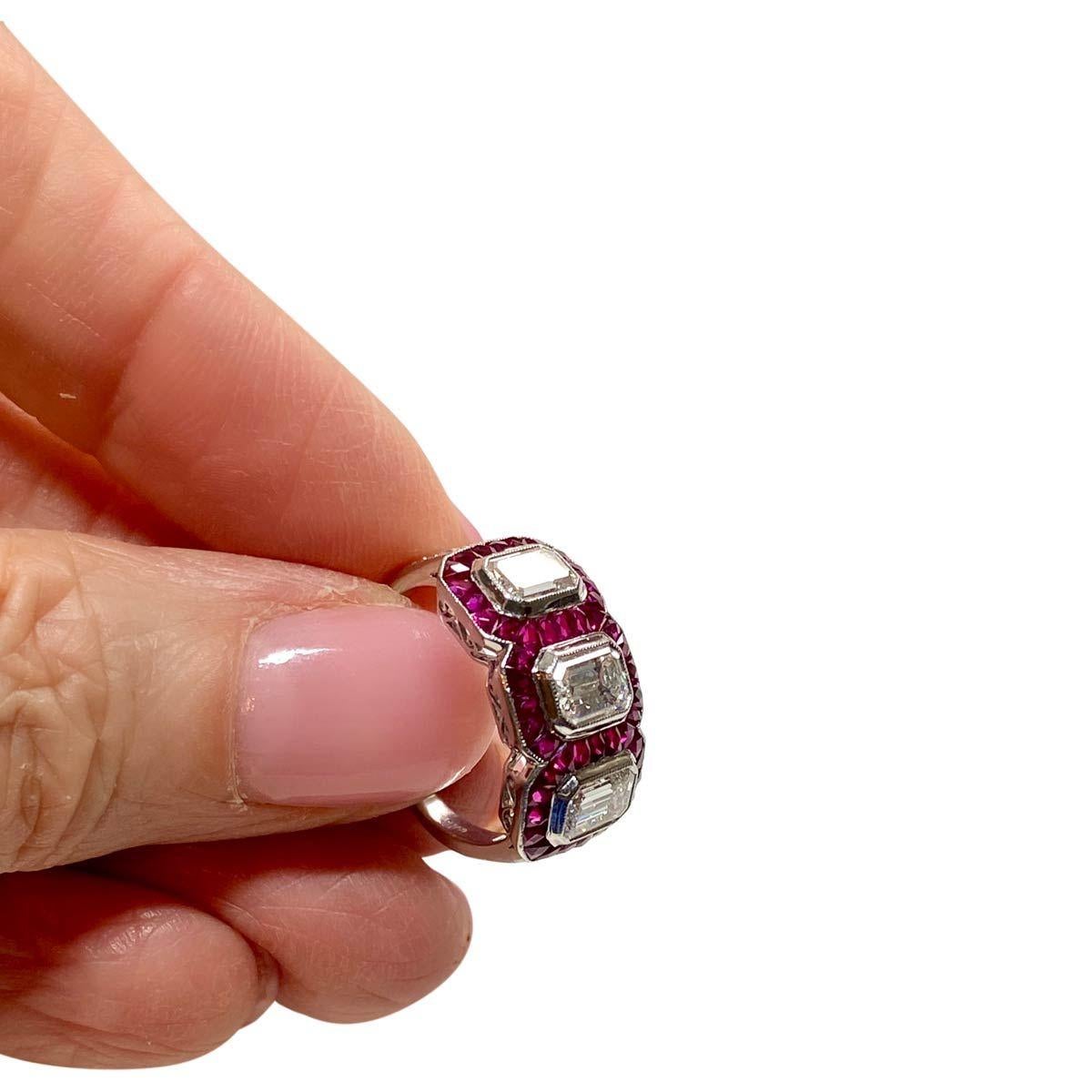 1.95 Carat Emerald Cut Diamond and Ruby Platinum Engagement Ring 6