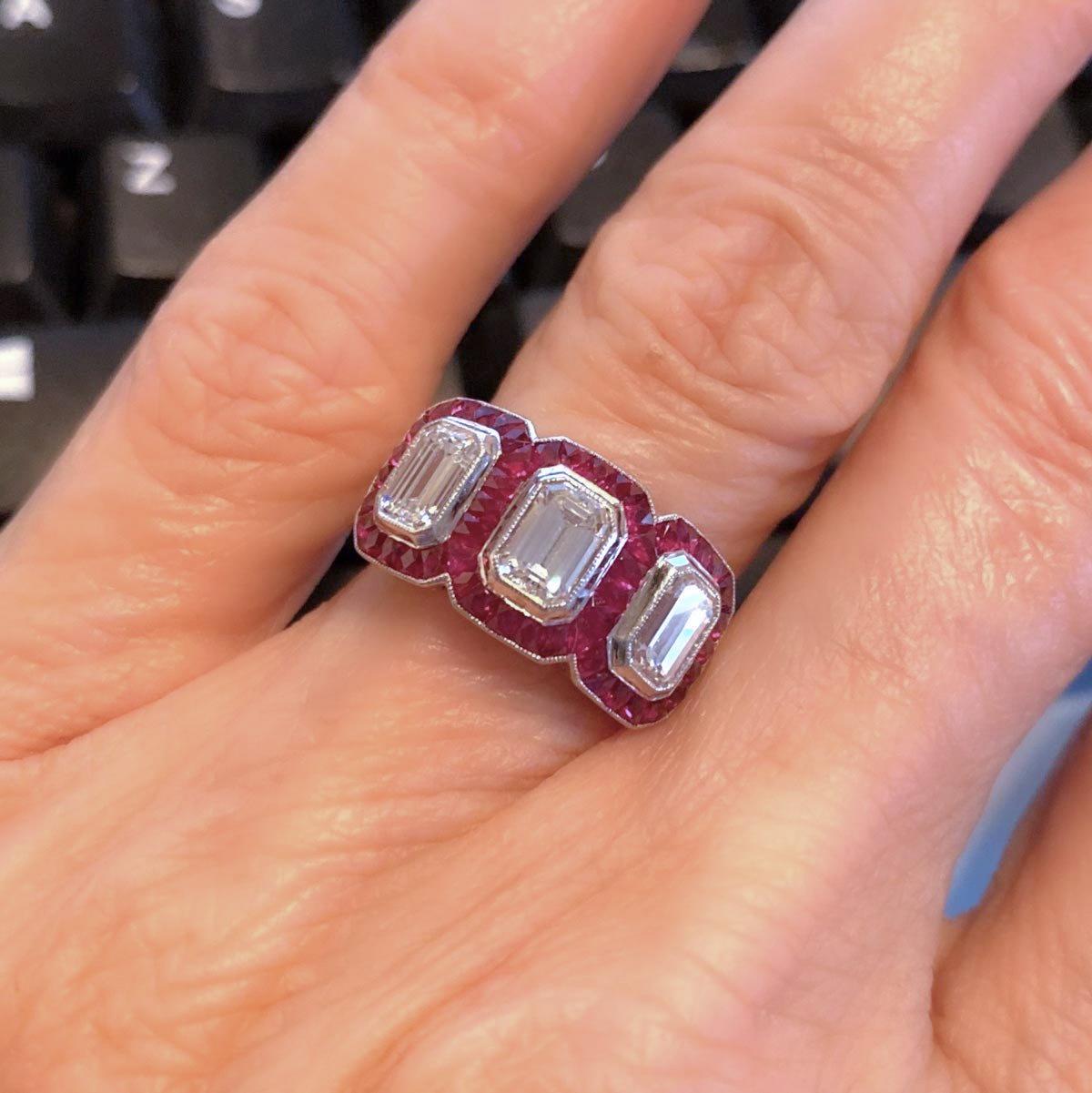 1.95 Carat Emerald Cut Diamond and Ruby Platinum Engagement Ring 8
