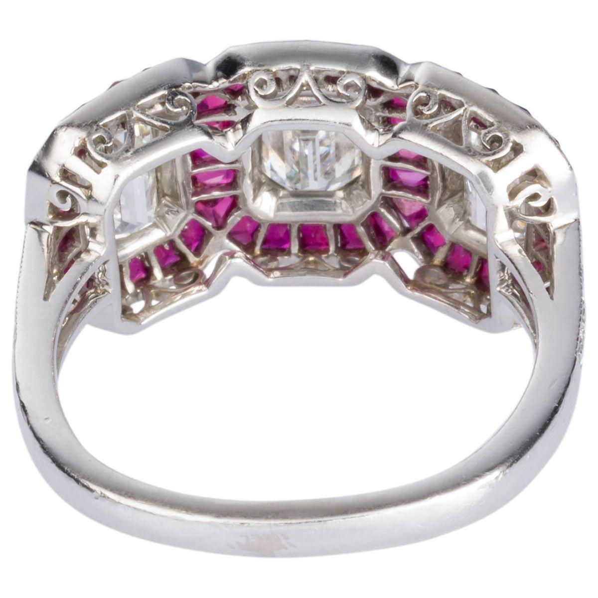 Art Deco 1.95 Carat Emerald Cut Diamond and Ruby Platinum Engagement Ring