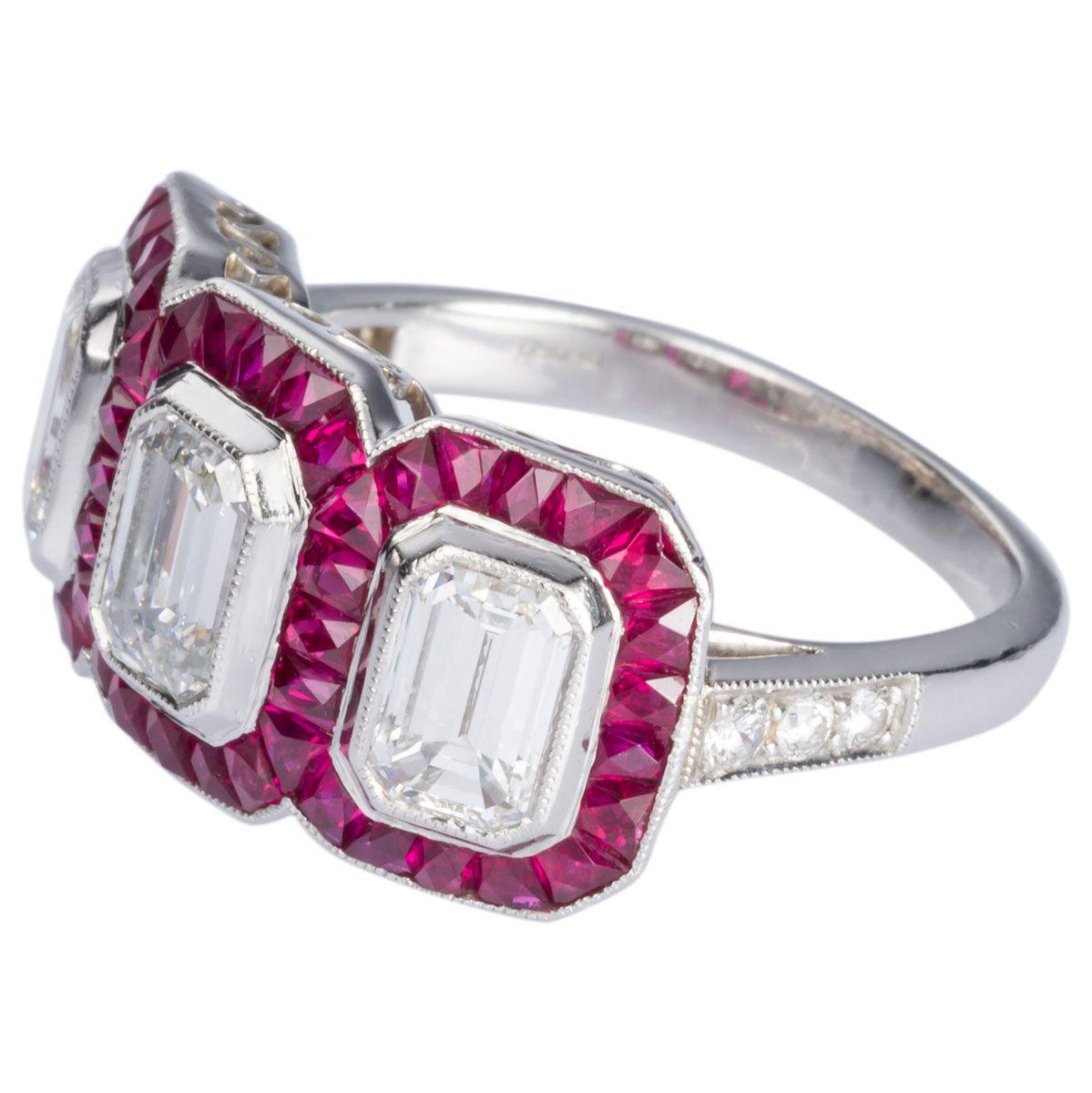 1.95 Carat Emerald Cut Diamond and Ruby Platinum Engagement Ring In Excellent Condition In QLD , AU