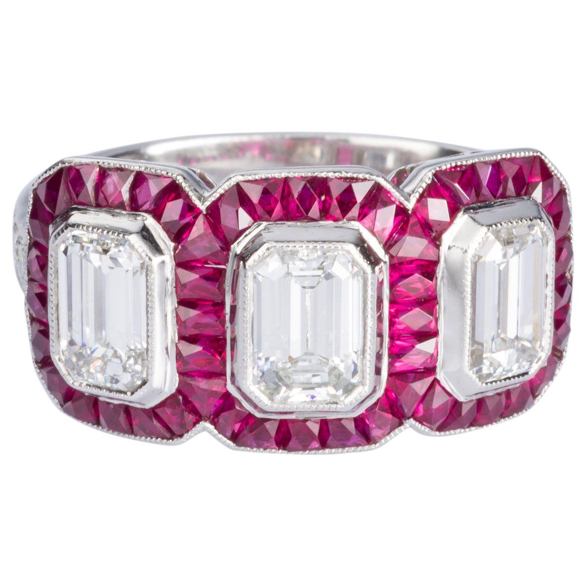 Women's 1.95 Carat Emerald Cut Diamond and Ruby Platinum Engagement Ring