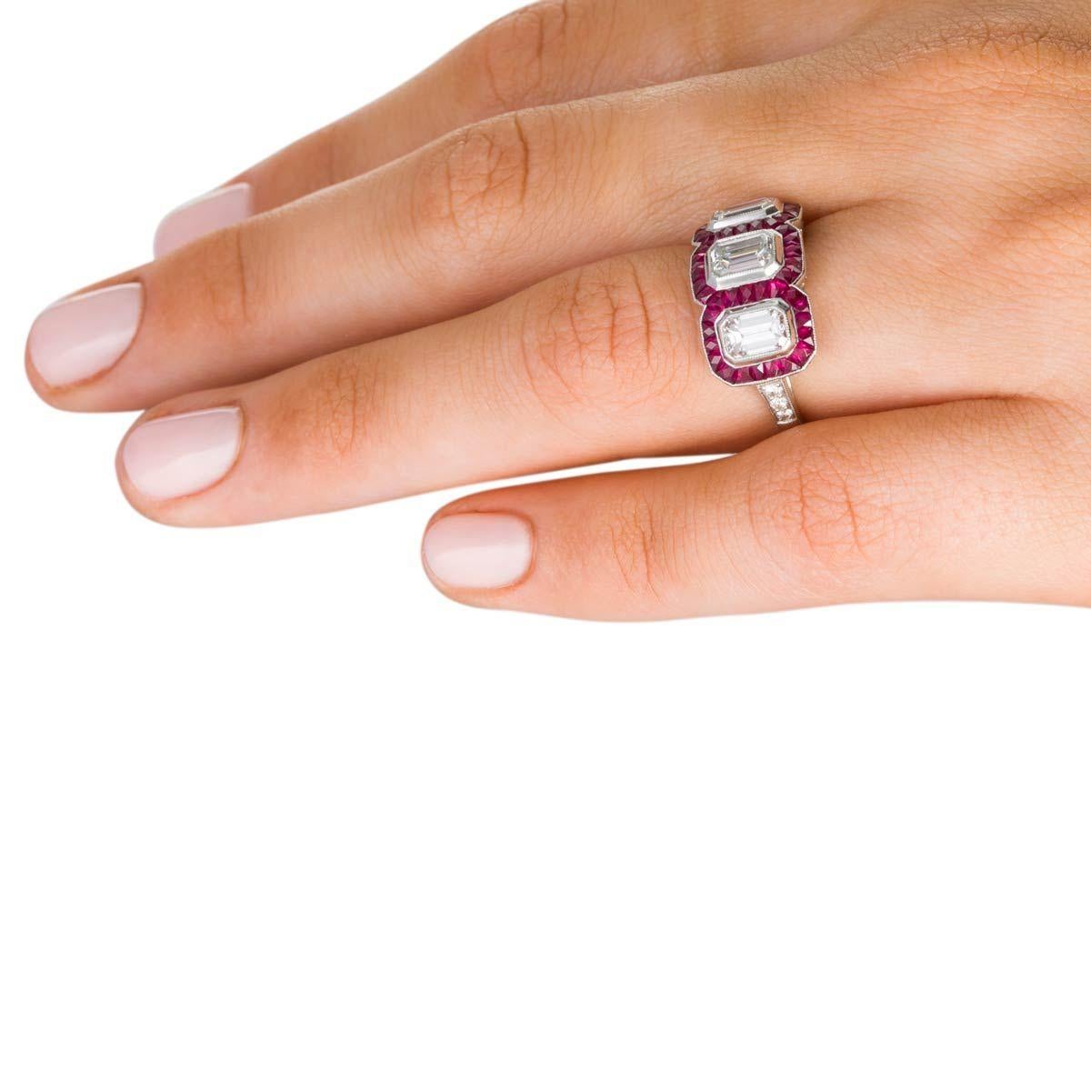 1.95 Carat Emerald Cut Diamond and Ruby Platinum Engagement Ring 1