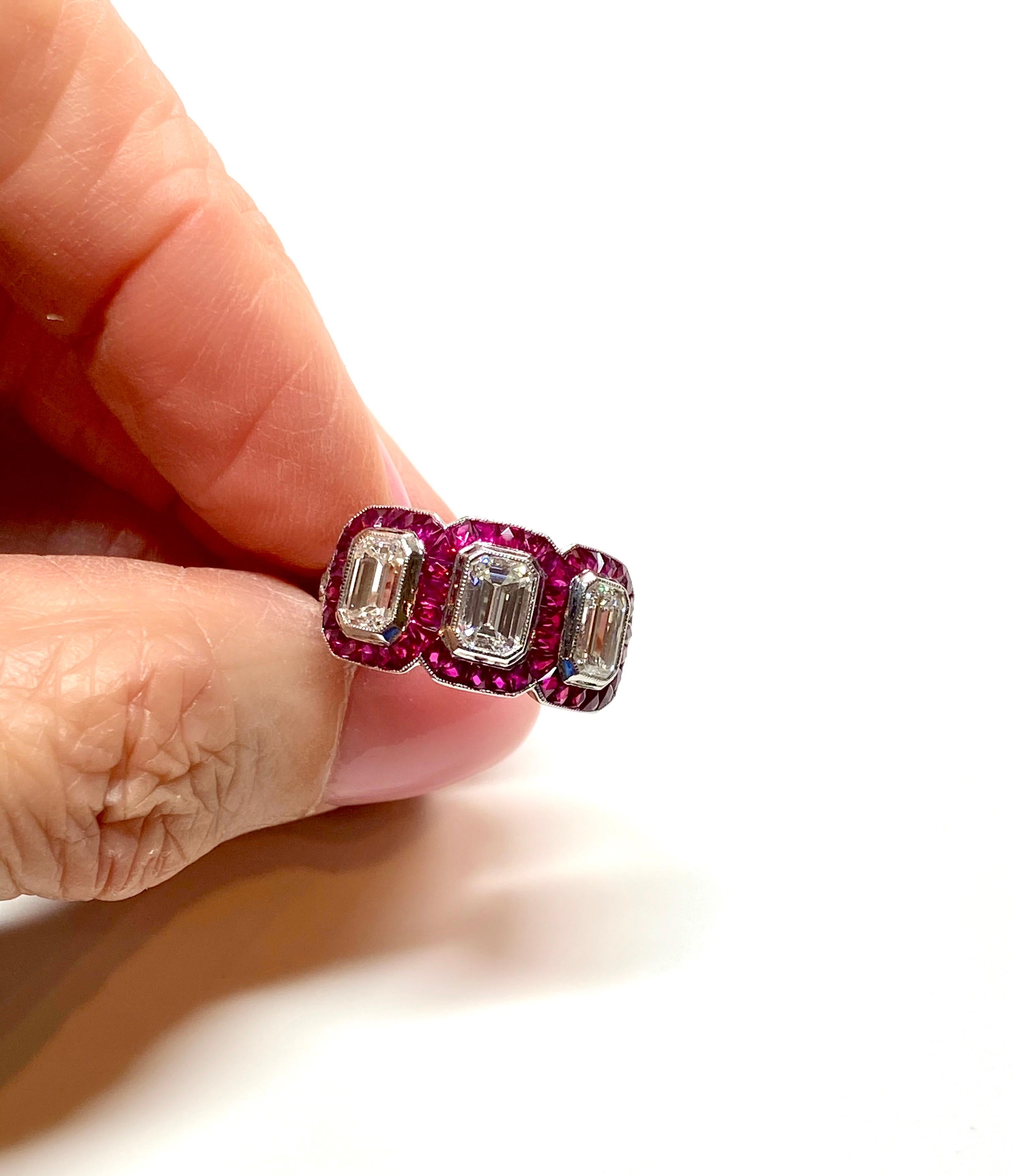 1.95 Carat Emerald Cut Diamond and Ruby Platinum Engagement Ring 3