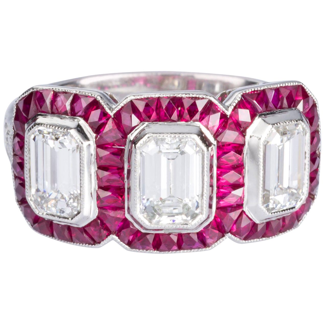 1.95 Carat Emerald Cut Diamond and Ruby Platinum Engagement Ring