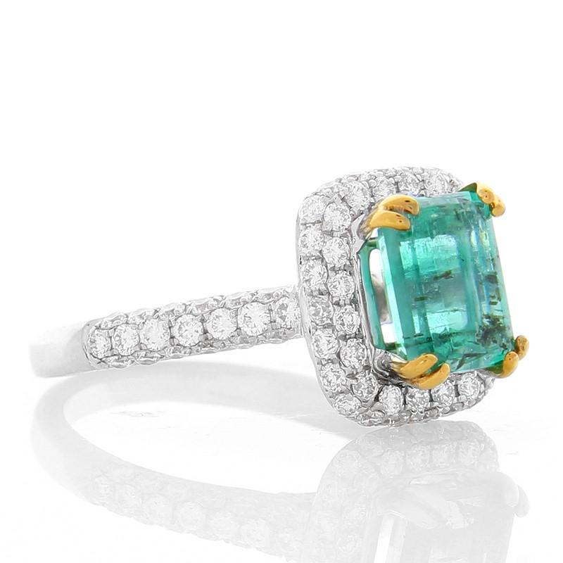 1.95 Carat Emerald Cut Emerald And Diamond Two Tone Cocktail Ring In 18K Gold In New Condition In Chicago, IL