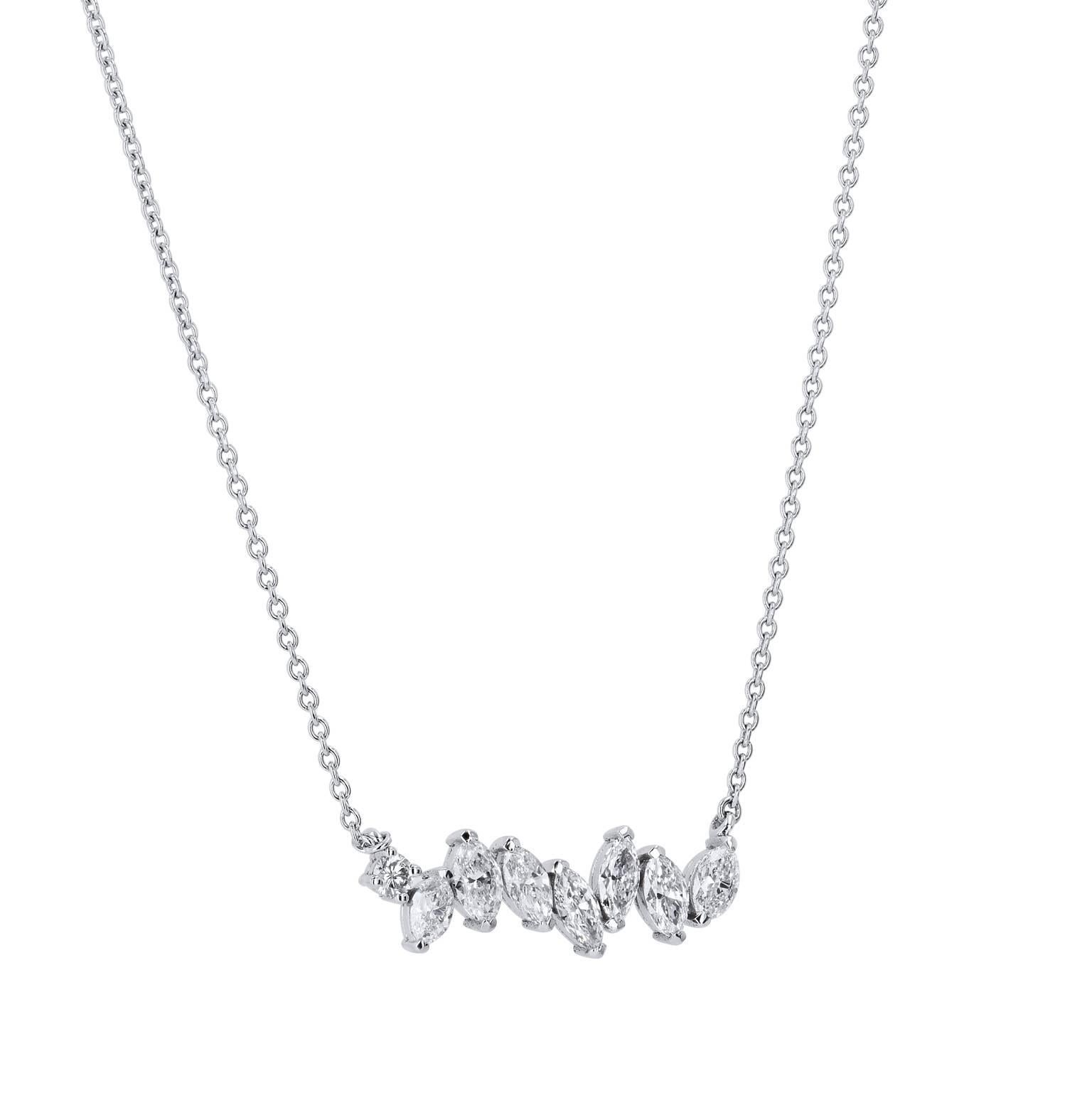 1.95 Carat Horizontal Marquis Diamond Pendant Bar Necklace

This stunning bar necklace has a total weight of 1.95 carats prong-set marquise diamonds.  
The beautiful diamonds are surrounded by 18 karat white gold.
The necklace measures 17 inches.  