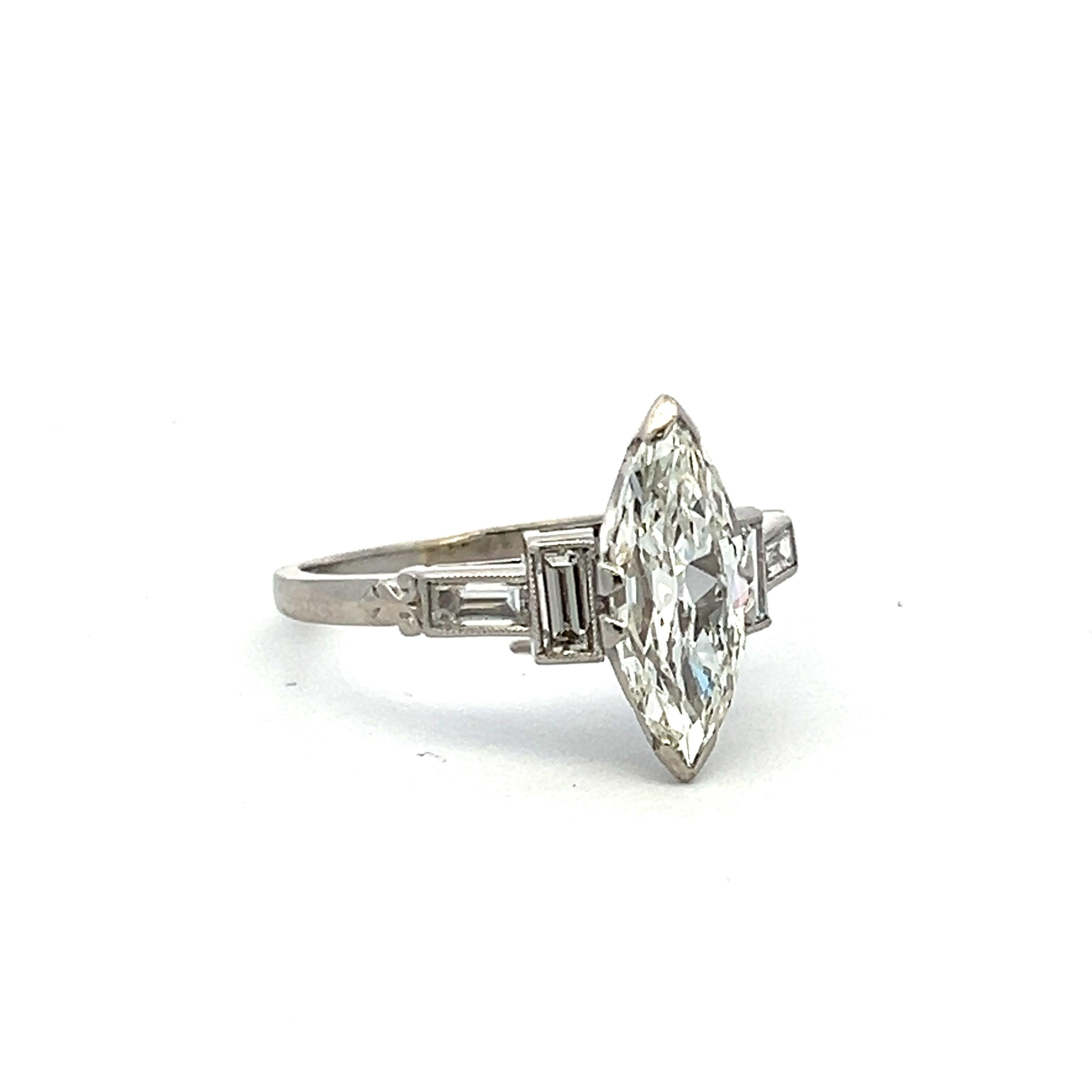 Women's 1.95 Carat Marquis Shape and Baguette Diamond Platinum Engagement Ring For Sale