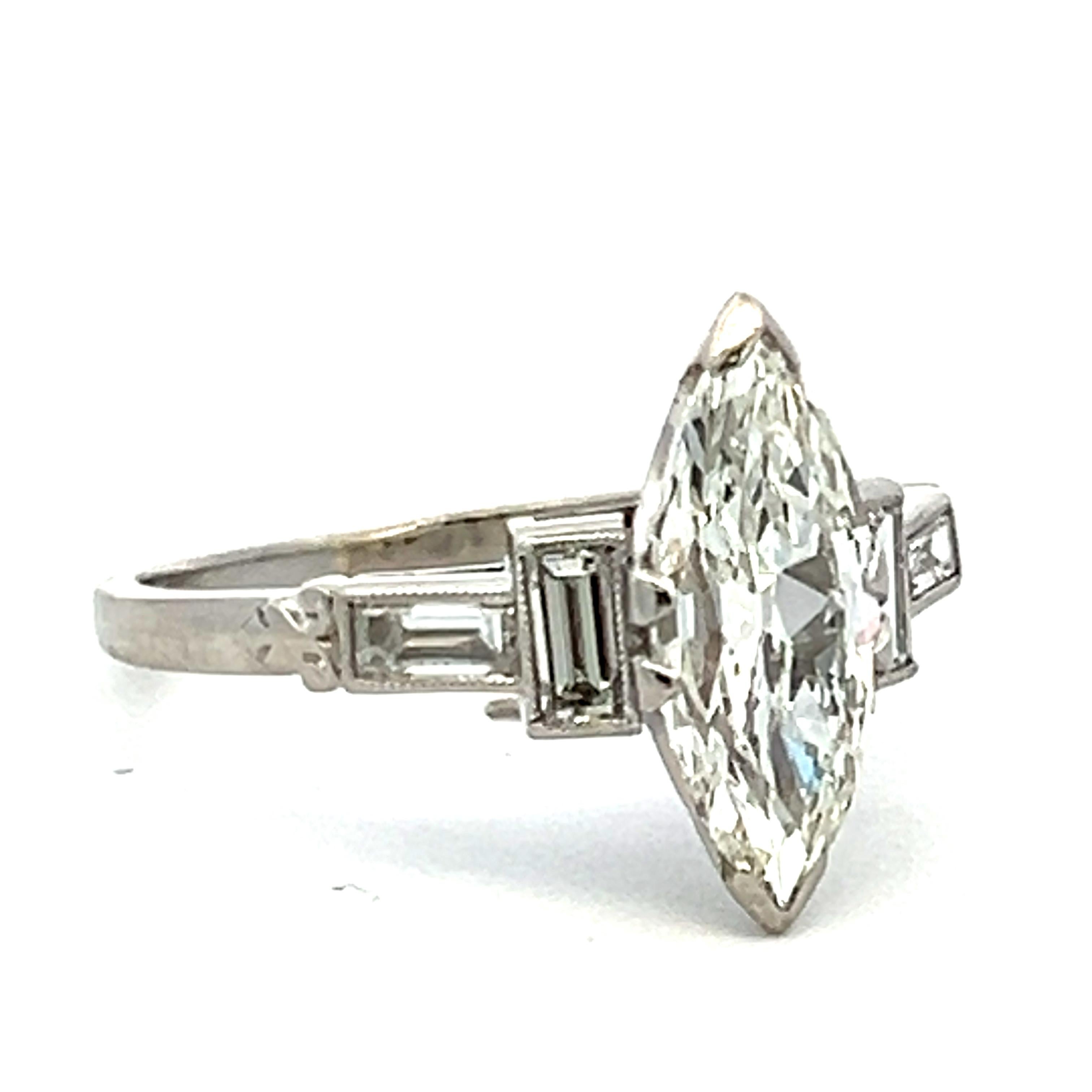 1.95 Carat Marquis Shape and Baguette Diamond Platinum Engagement Ring For Sale 1