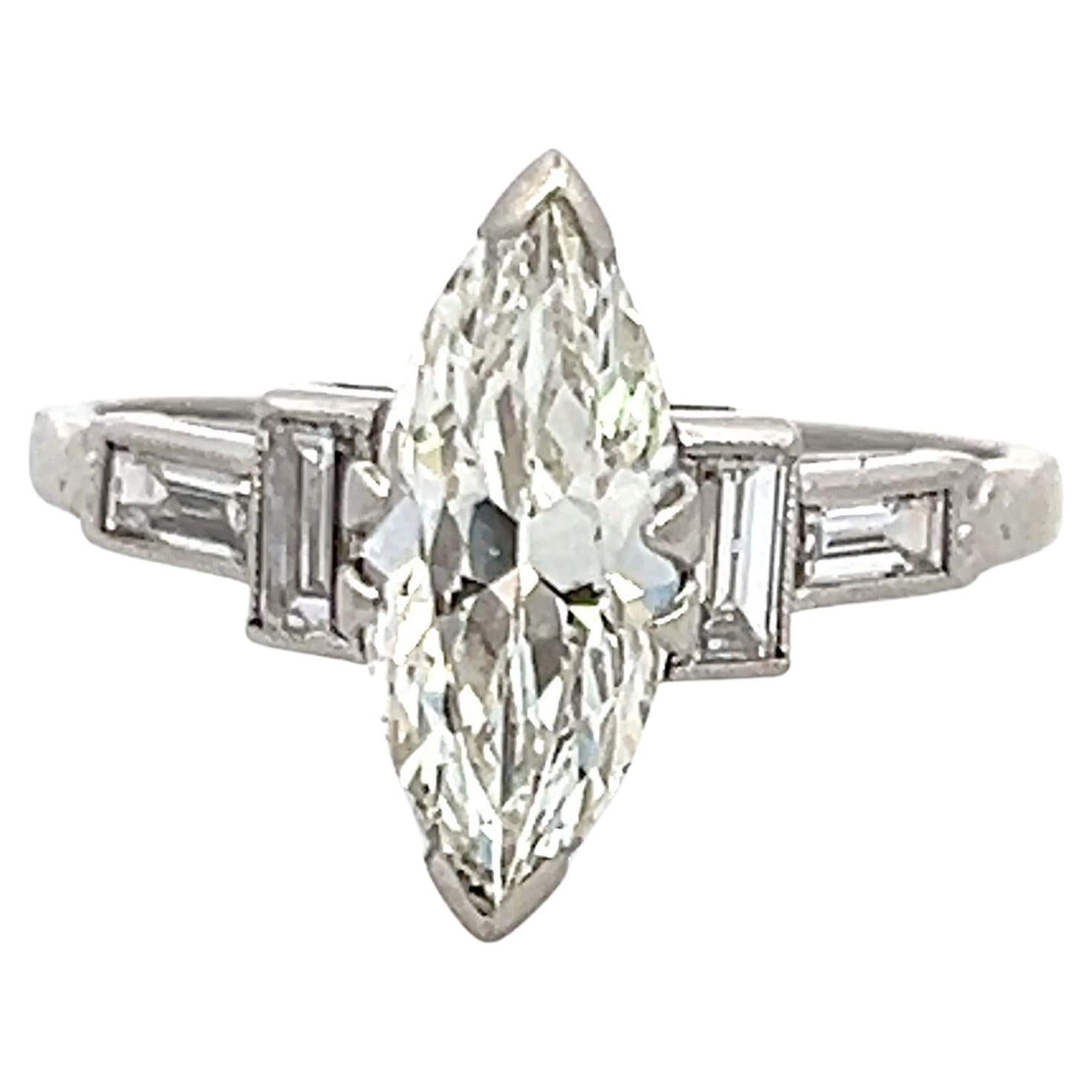 1.95 Carat Marquis Shape and Baguette Diamond Platinum Engagement Ring