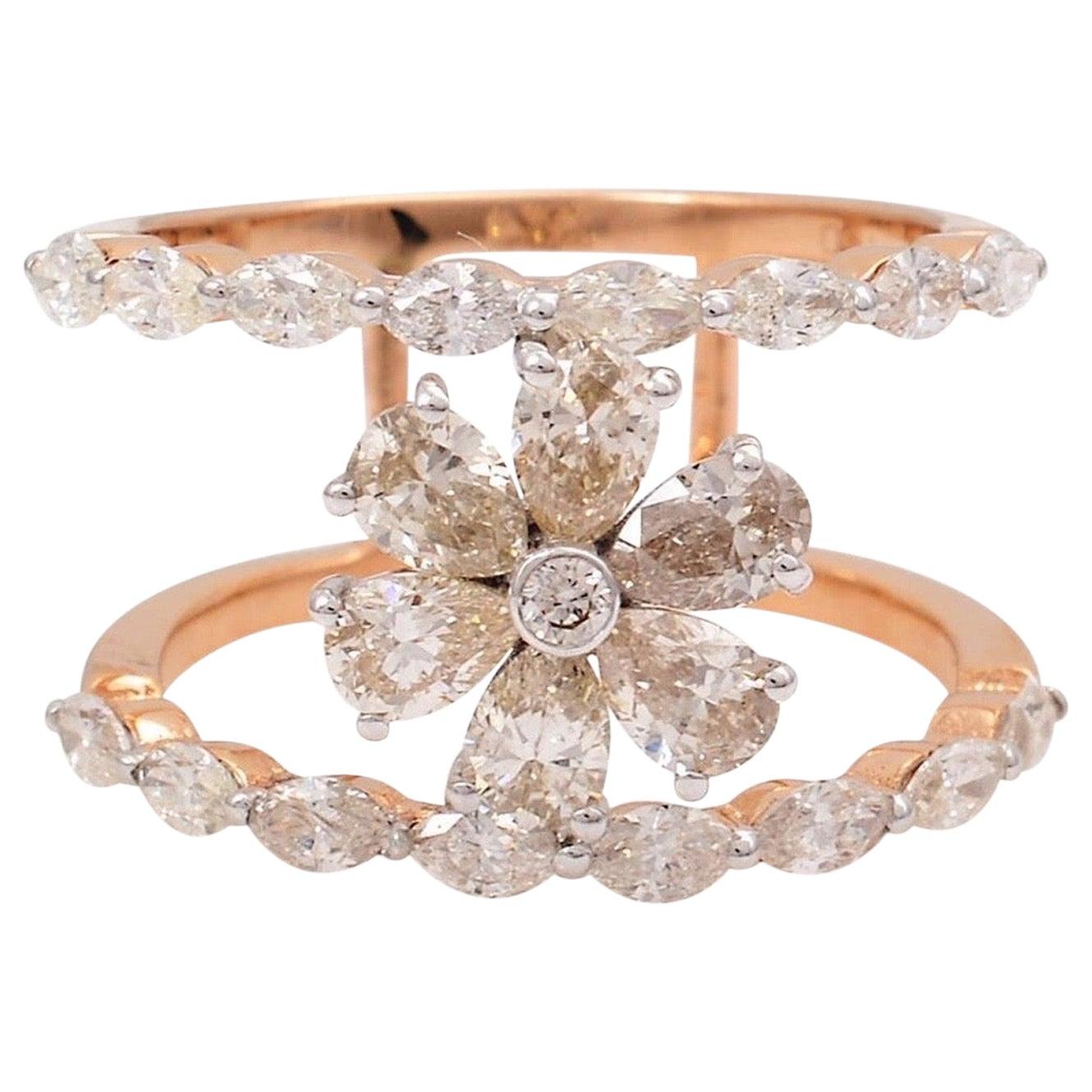 En vente :  Bague à fleurs en or rose 18 carats avec diamants marquises de 1,95 carat