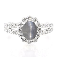 1.95 Carat Natural Alexandrite Cat's Eye and Diamond Halo Ring Set in Platinum