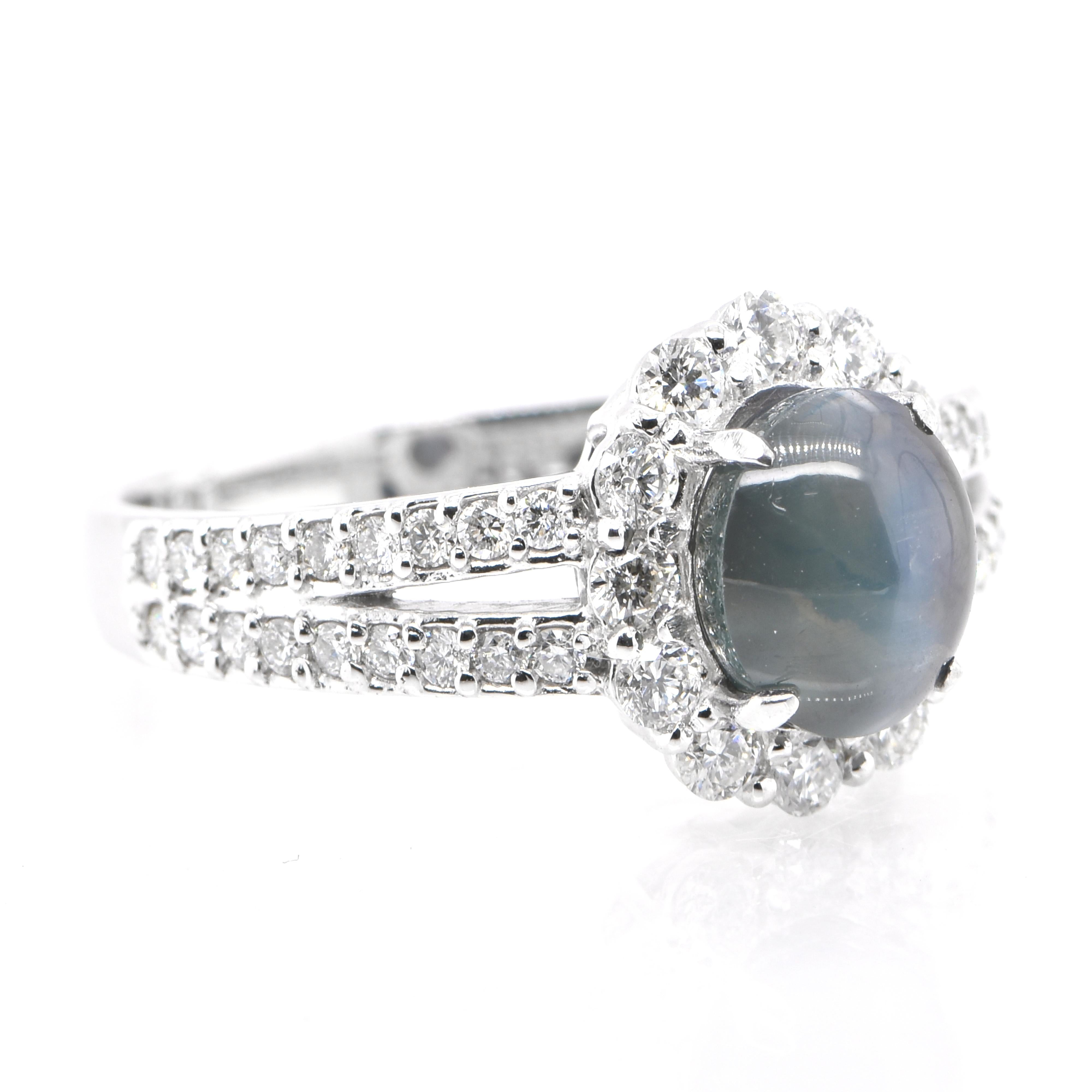 Cabochon 1.95 Carat Natural Alexandrite Cat's Eye and Diamond Halo Ring Set in Platinum For Sale