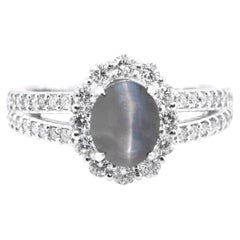 Antique 1.95 Carat Natural Alexandrite Cat's Eye and Diamond Halo Ring Set in Platinum
