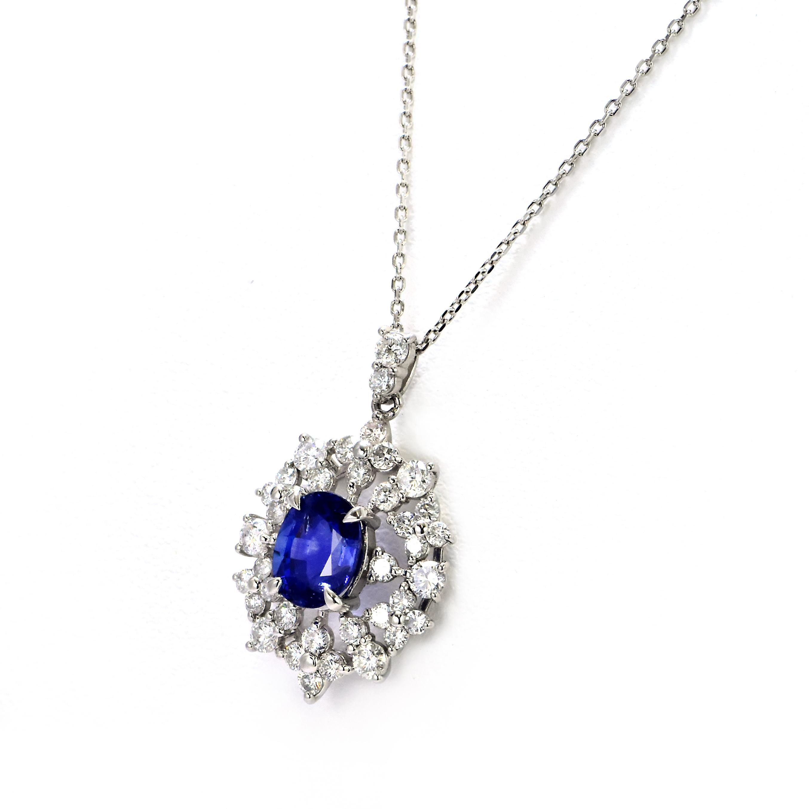 A beautiful pendant featuring a 1.95 Carat Natural Royal Blue, Sapphire and 1.11 Carat Diamond Accents set in Platinum. Sapphires have extraordinary durability - they excel in hardness as well as toughness and durability making them very popular in