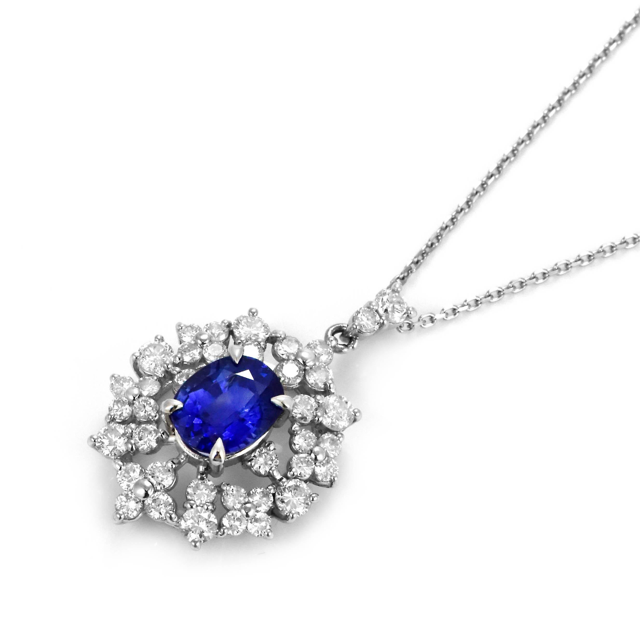 Women's 1.95 Carat Natural Royal Blue Sapphire and Diamond Pendant Made in Platinum For Sale