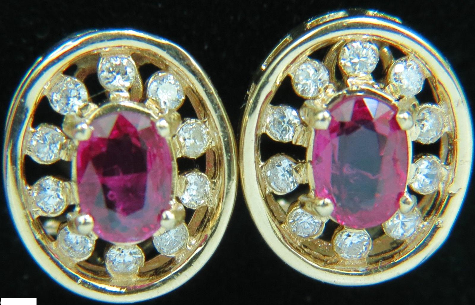 Women's or Men's 1.95 Carat Natural Ruby Diamond Earrings Cluster 14 Karat Omega Post