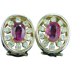 1.95 Carat Natural Ruby Diamond Earrings Cluster 14 Karat Omega Post