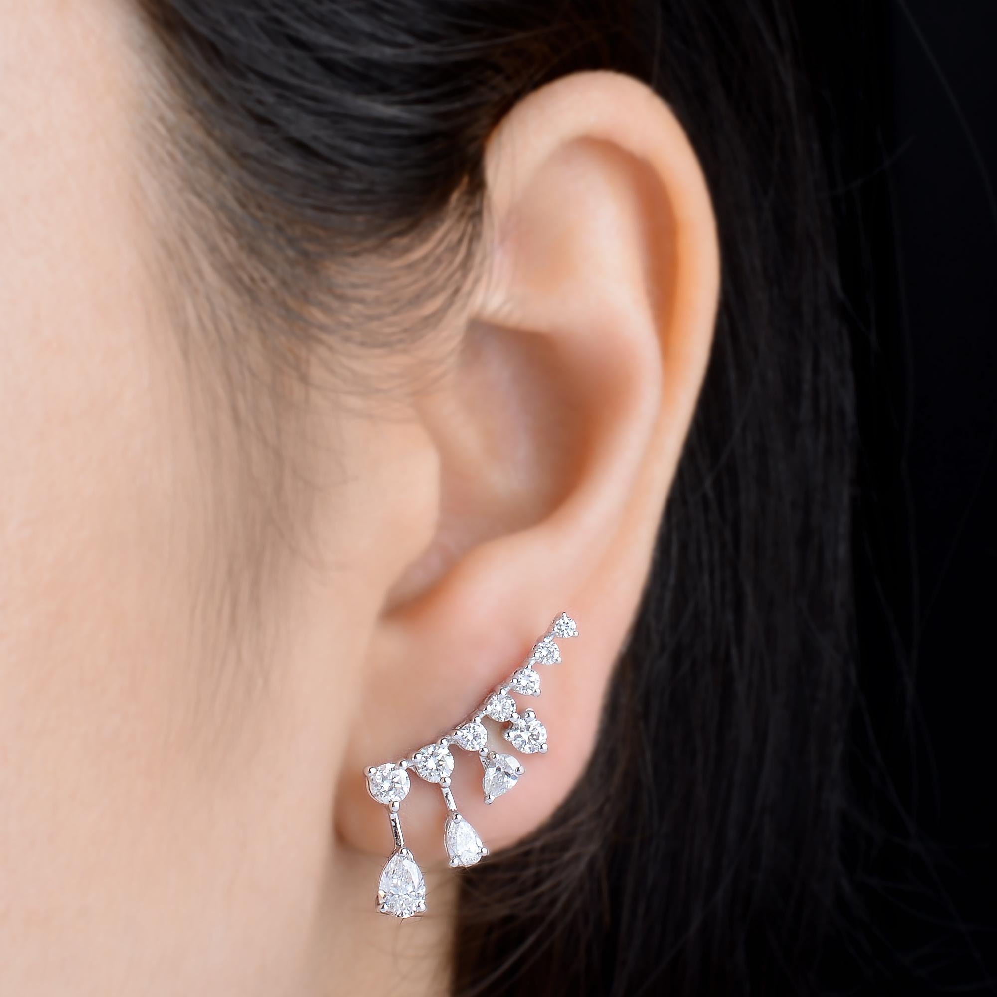 Modern 1.95 Carat Pear & Round Diamond Earrings 18 Karat White Gold Handmade Jewelry For Sale