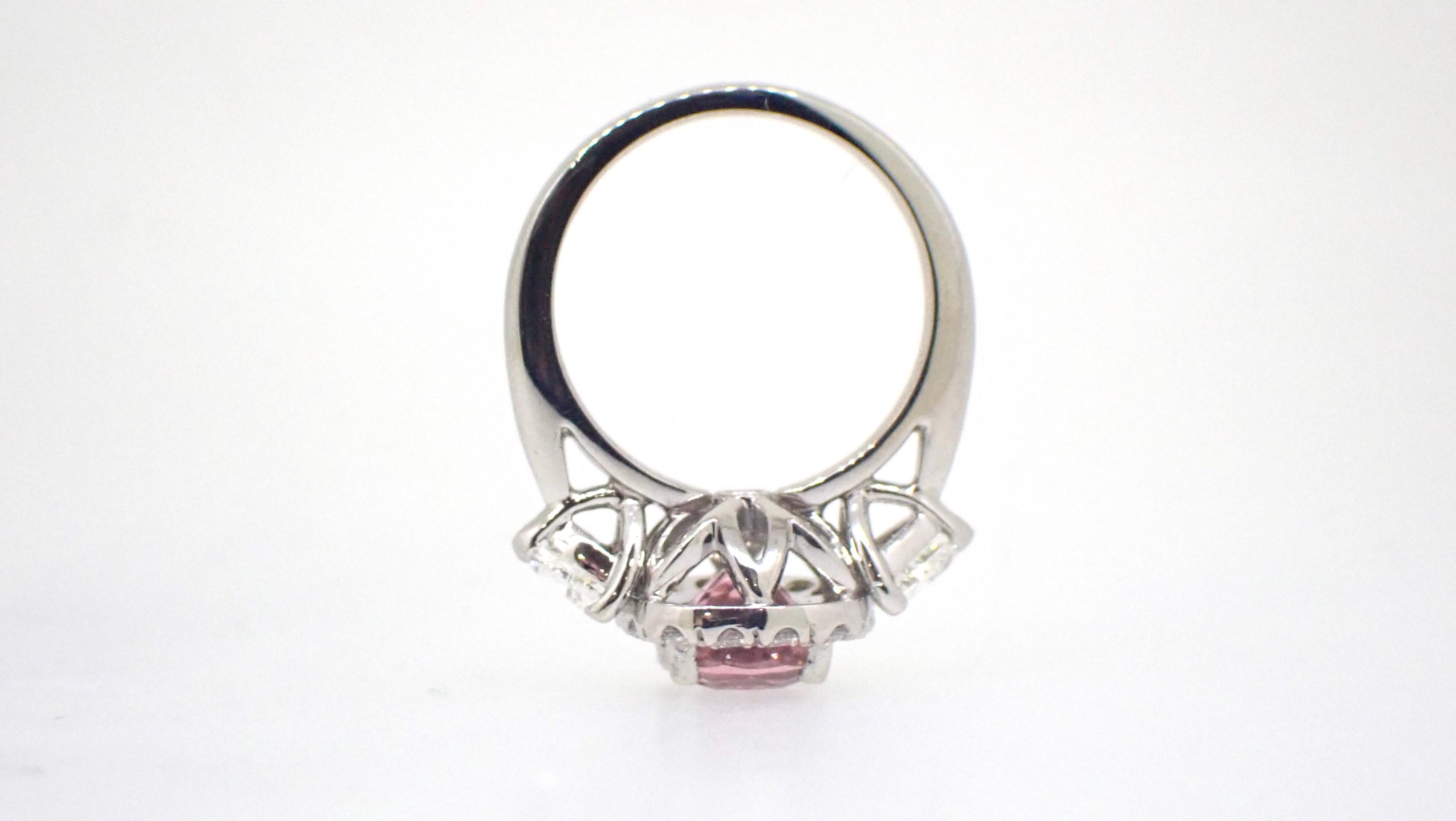 1.95 Carat Pink Tourmaline Diamond Platinum Engagement Ring For Sale 1