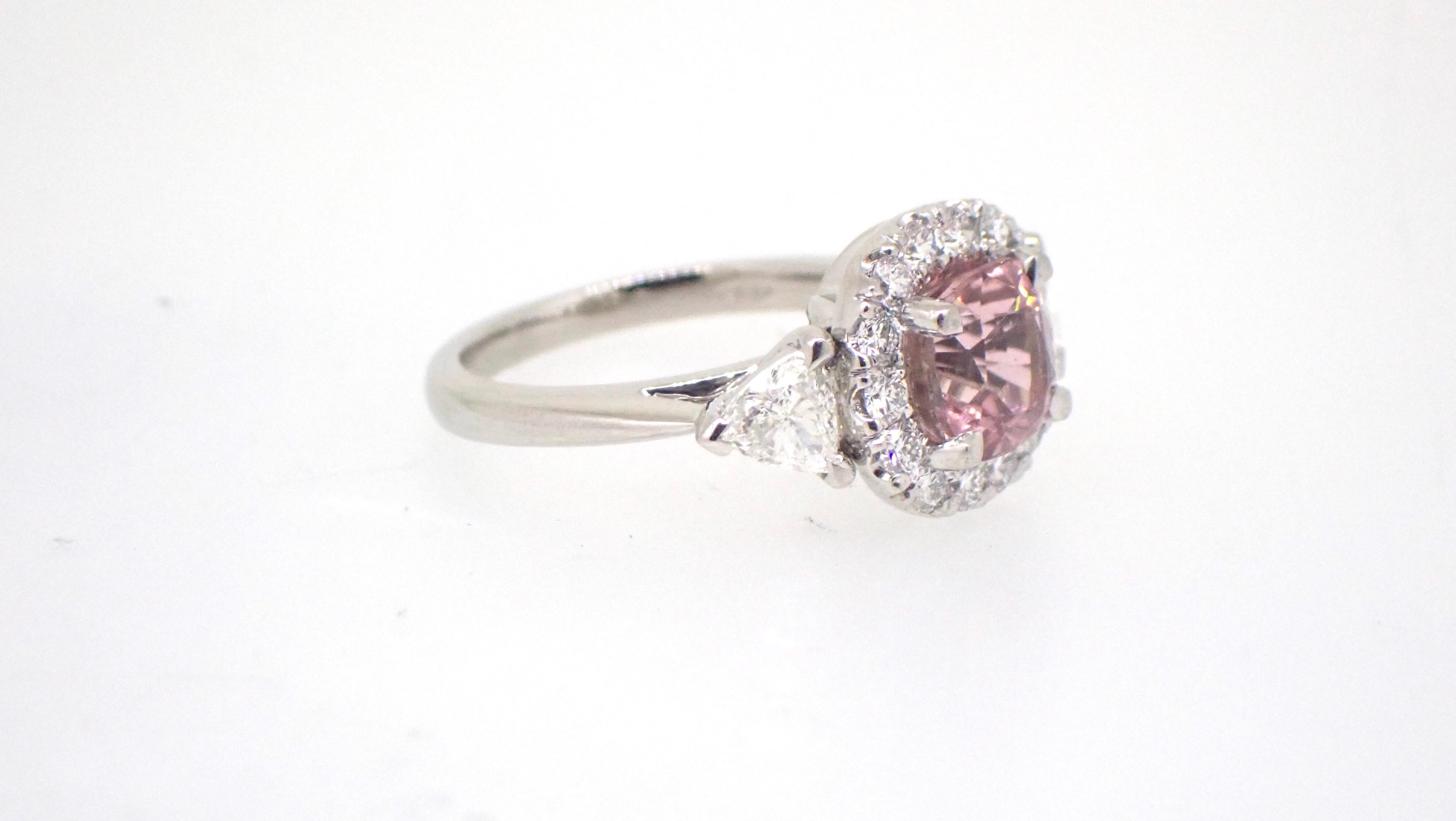 Cushion Cut 1.95 Carat Pink Tourmaline Diamond Platinum Engagement Ring For Sale