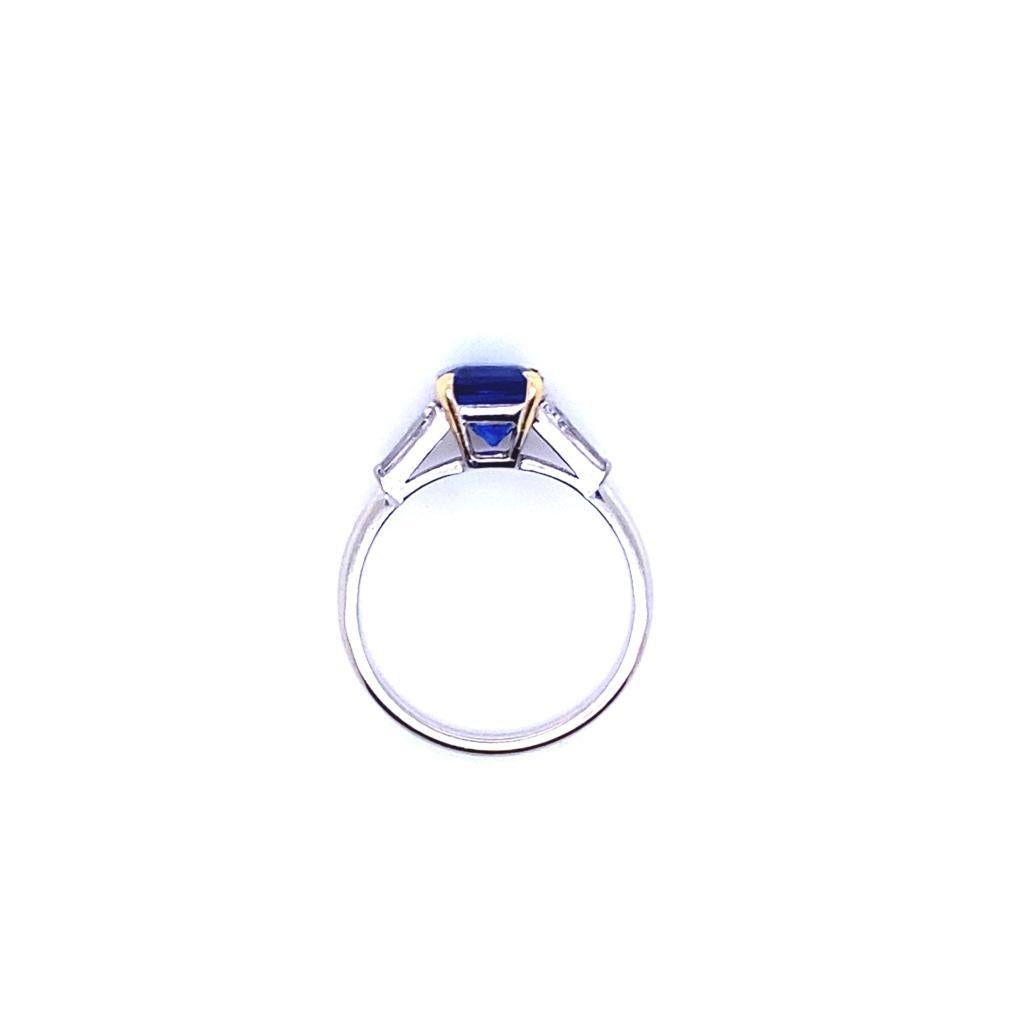 Emerald Cut 1.95 Carat Sapphire and Diamond Three Stone 18 Karat White Gold Engagement Ring For Sale