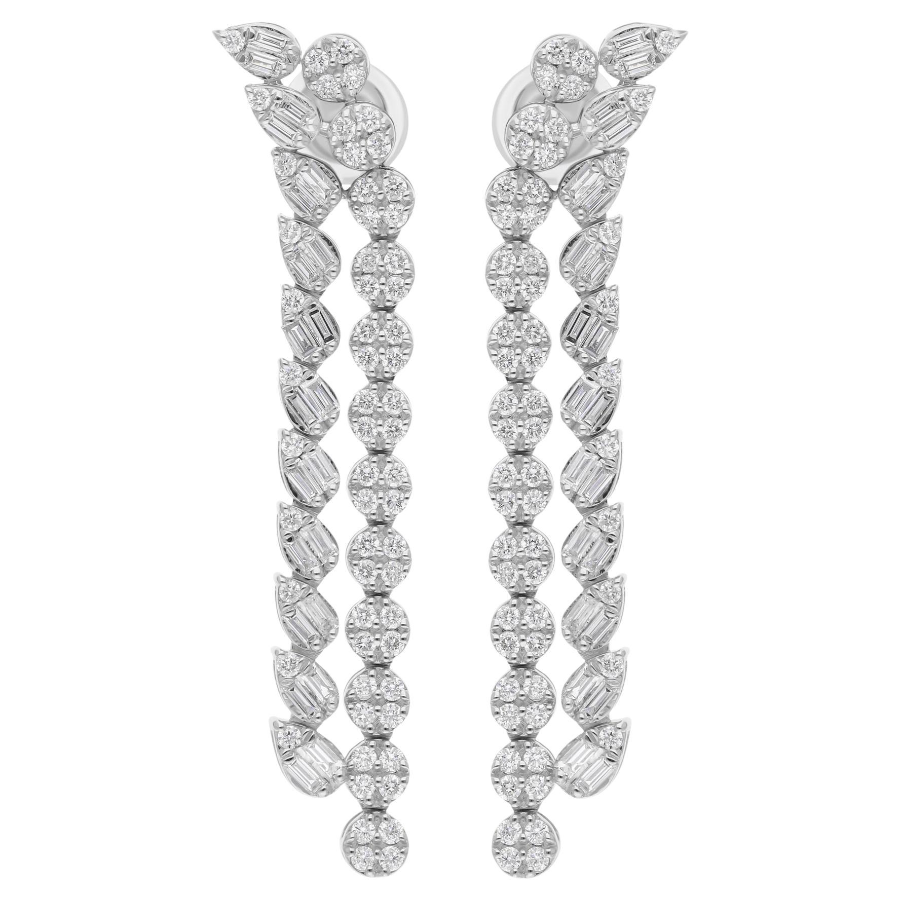 1.95 Carat SI/H Baguette Round Brilliant Cut Diamond Earrings 18k White Gold