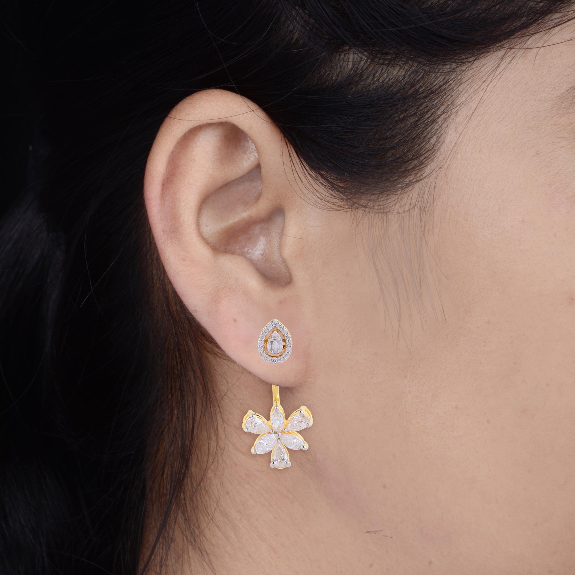 Modern 1.95 Carat SI/HI Pear & Baguette Diamond Jacket Earrings 18 Karat Yellow Gold For Sale