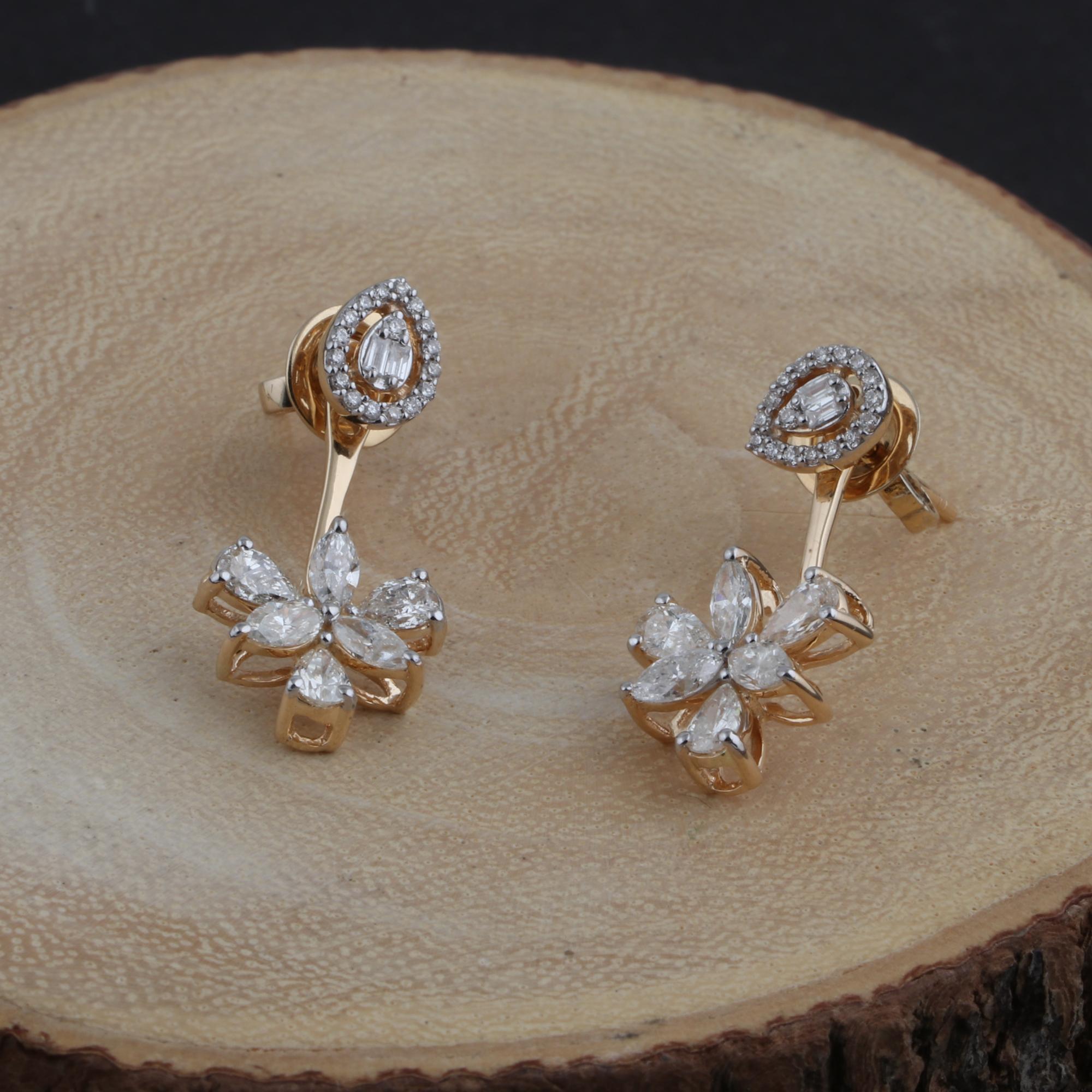 Baguette Cut 1.95 Carat SI/HI Pear & Baguette Diamond Jacket Earrings 18 Karat Yellow Gold For Sale