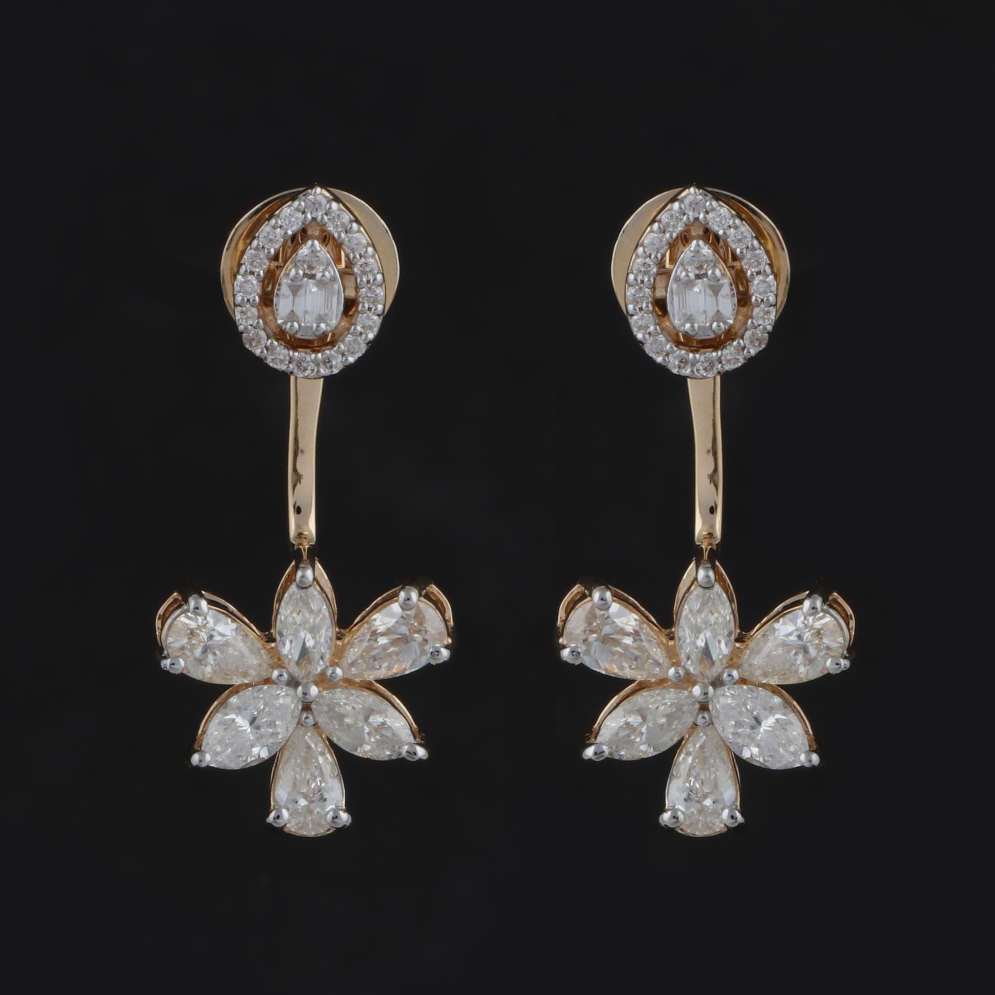 1.95 Carat SI/HI Pear & Baguette Diamond Jacket Earrings 18 Karat Yellow Gold In New Condition For Sale In Diera, Dubai