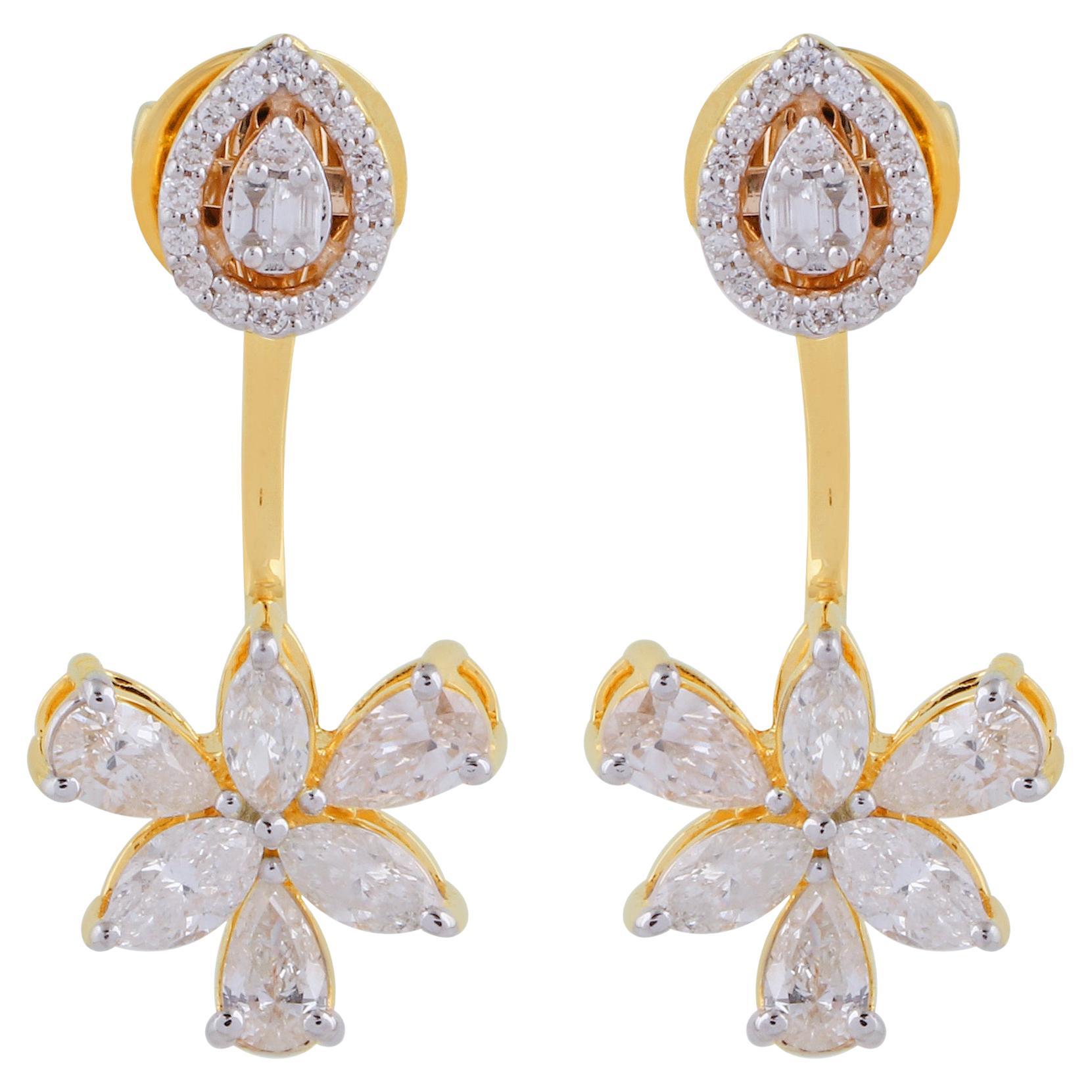 1.95 Carat SI/HI Pear & Baguette Diamond Jacket Earrings 18 Karat Yellow Gold For Sale