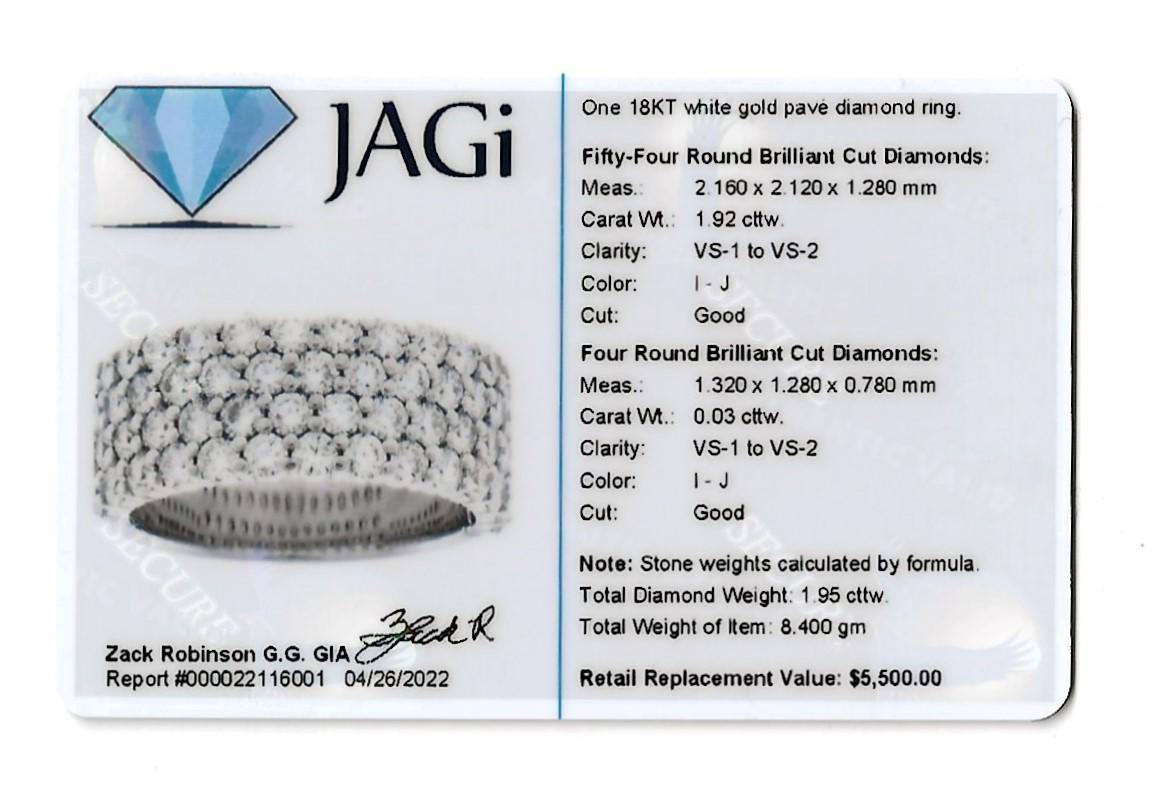 1.95 Carat Total Four-Row Pave Diamond Semi-Eternity Band Ring in White Gold For Sale 8