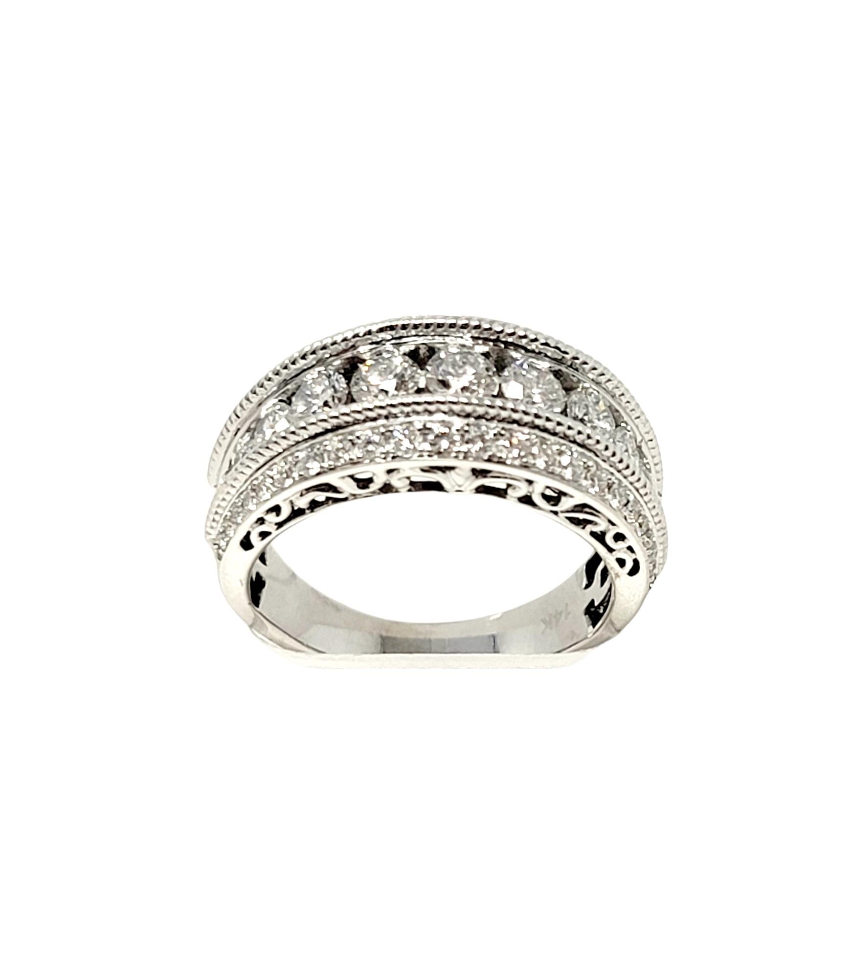 Round Cut 1.95 Carat Total Round Brilliant Diamond Graduated 3 Row White Gold Band Ring For Sale