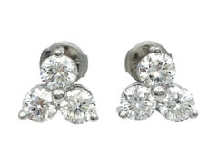 1.95 Carat Total Round Diamond Trio Cluster Stud Earrings 14 Karat White Gold