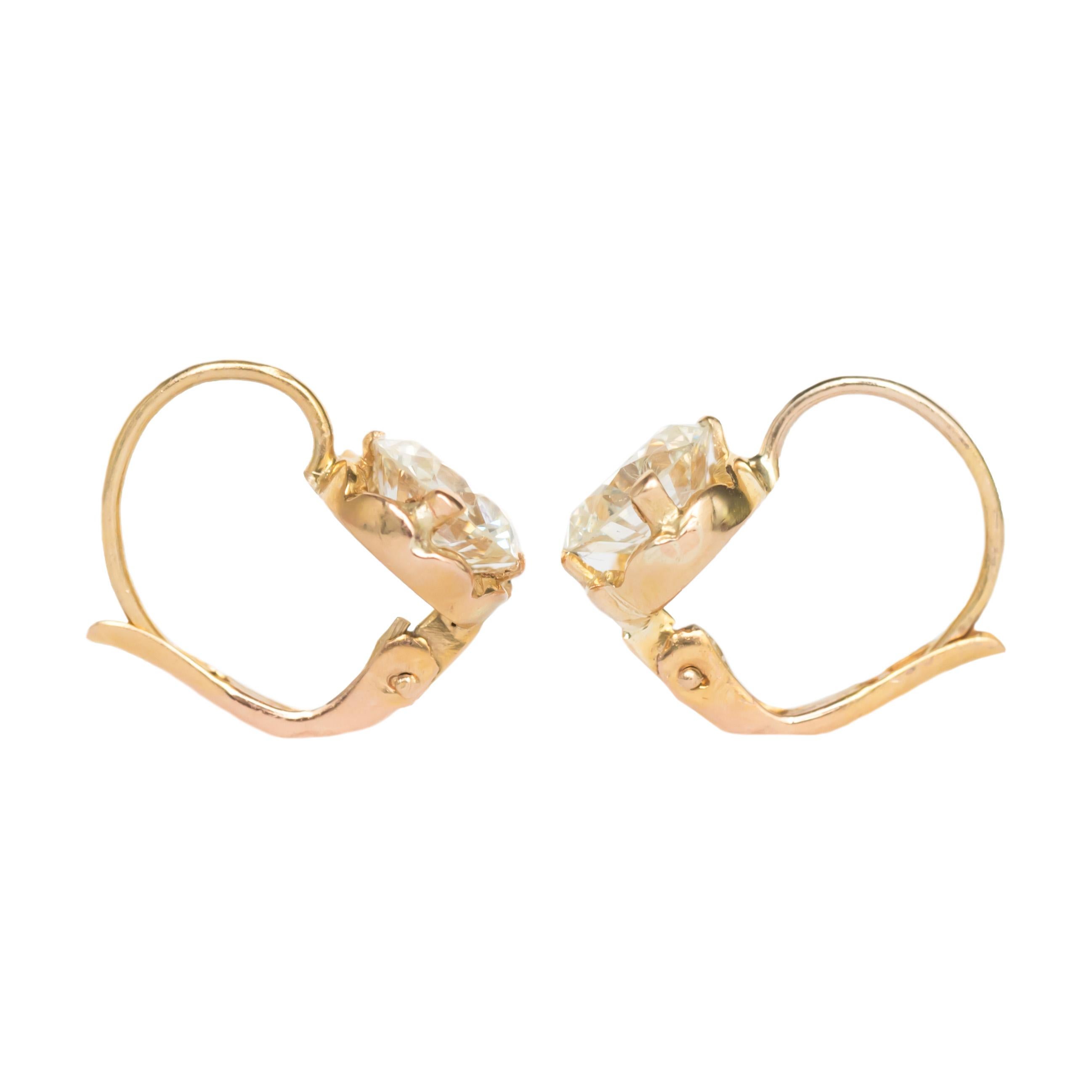 Edwardian 1.95 Carat Total Weight Yellow Gold Diamond Earrings For Sale