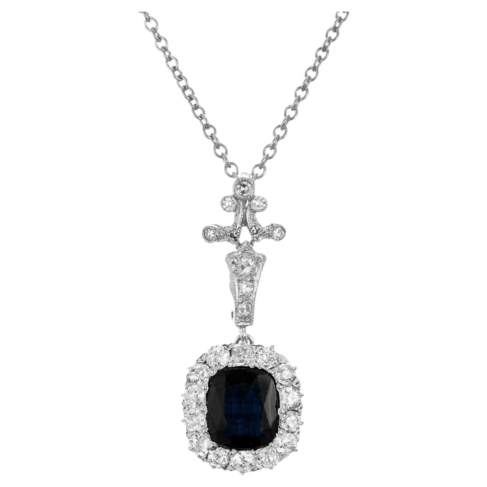 1.95 Carat Victorian Royal Deep Blue Natural Platinum Sapphire Pendant Necklace For Sale